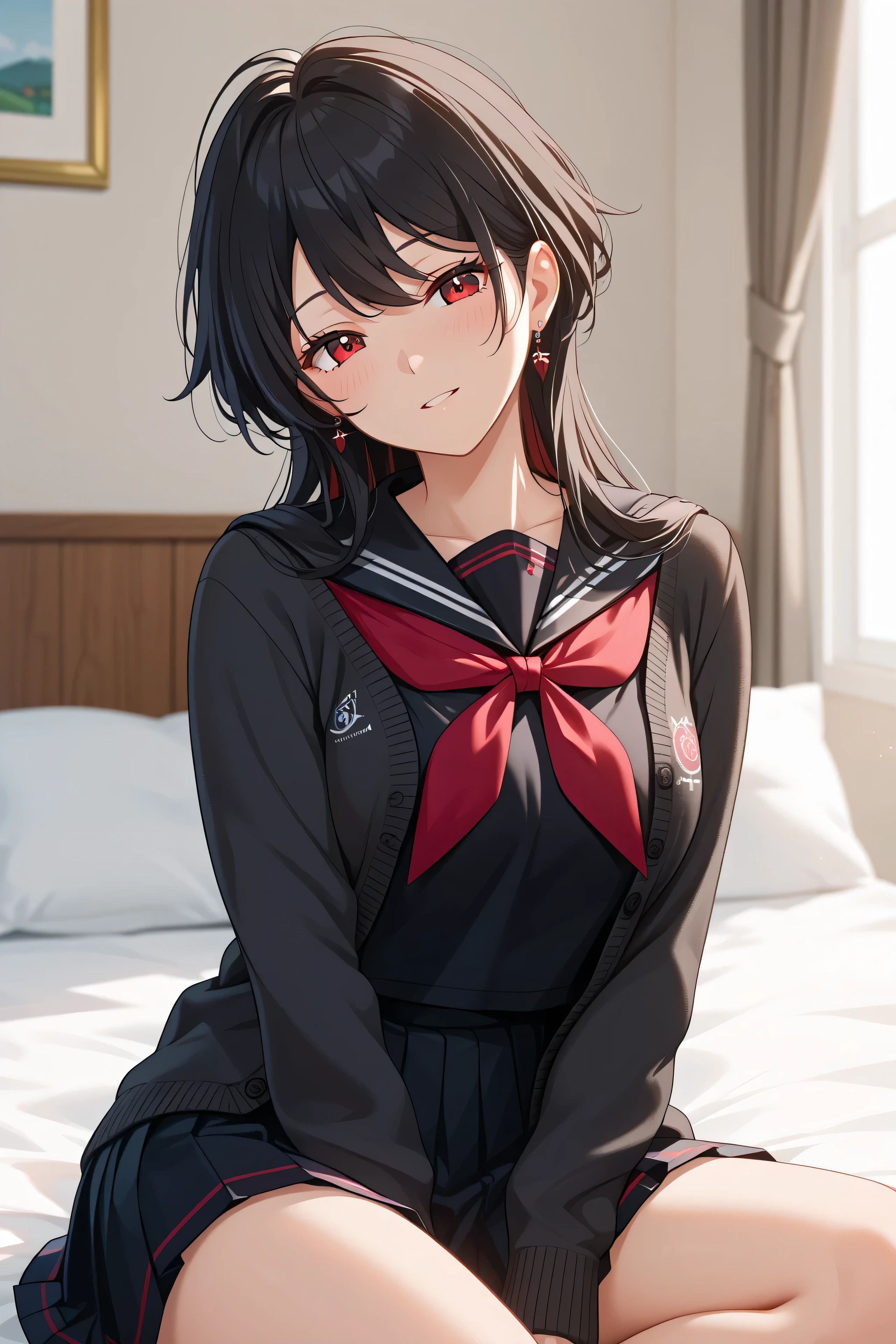 anime coloring, anime screencap,master piece、Best Quality,Super detailed,High resolution,Extremely detailed CG,Unity 8K Wallpaper,weat,score_9, score_8_up, score_7_up, score_6_up, score_5_up, score_4_up, source_anime,RenSchool, black hair, long hair, black serafuku, red neckerchief, black skirt, black cardigan,mature female、