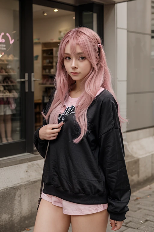 anime girl with pink hair with a backpack, She&#39;s wearing street clothes, with pink hair, portrait of jossi of blackpink, Ulzan, ((pink)), jossi of blackpink, lalisa manoban of blac color, Wearing cyberpunk streetwear, Japanese Streetwear, Long hair, Anime girls in real life, Casual posture, pink girl