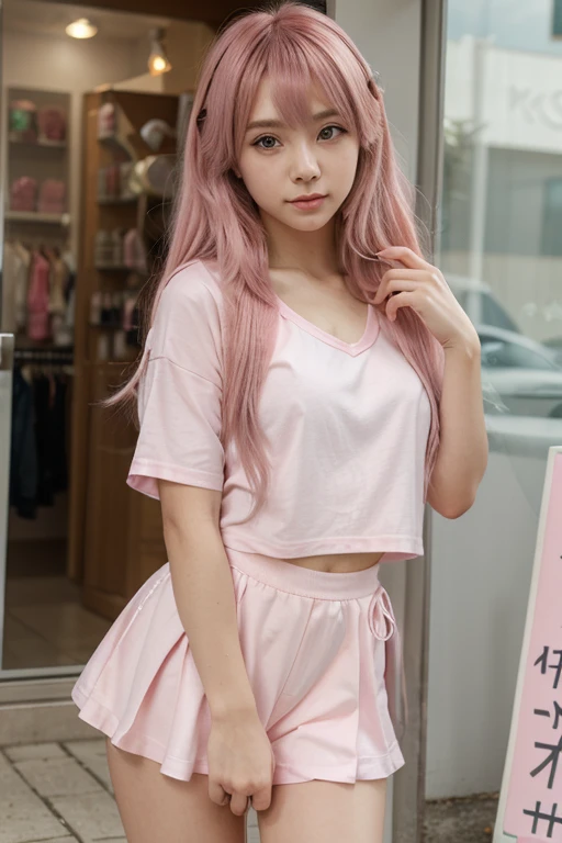 Anime manga style female character, long hair with a white plush accessory on her head, faceless, short strawberry pink shirt, pastel pink and green short shorts, on the legs with small pink and green accessories