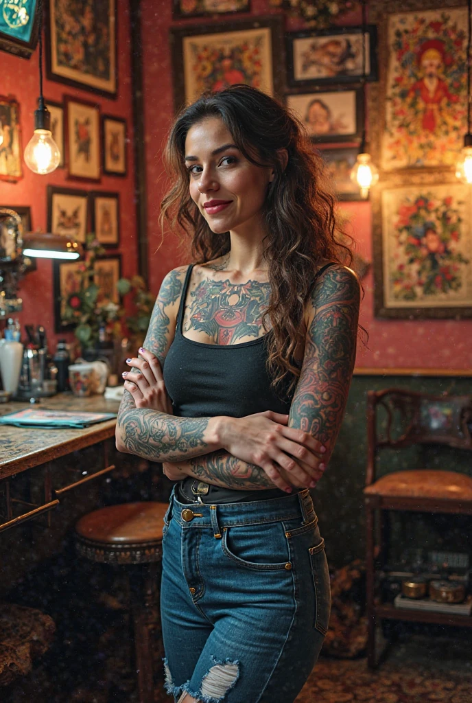 Photo réaliste,8k, femme visage fin, tatouage, allongé,lunette noir, décolleté ,tres grosse poitrine ,tire chemisier ,20 ans,regarde objectif,rousse, pigments peau , sourire, appartement style industriel,grosse fesse apparente