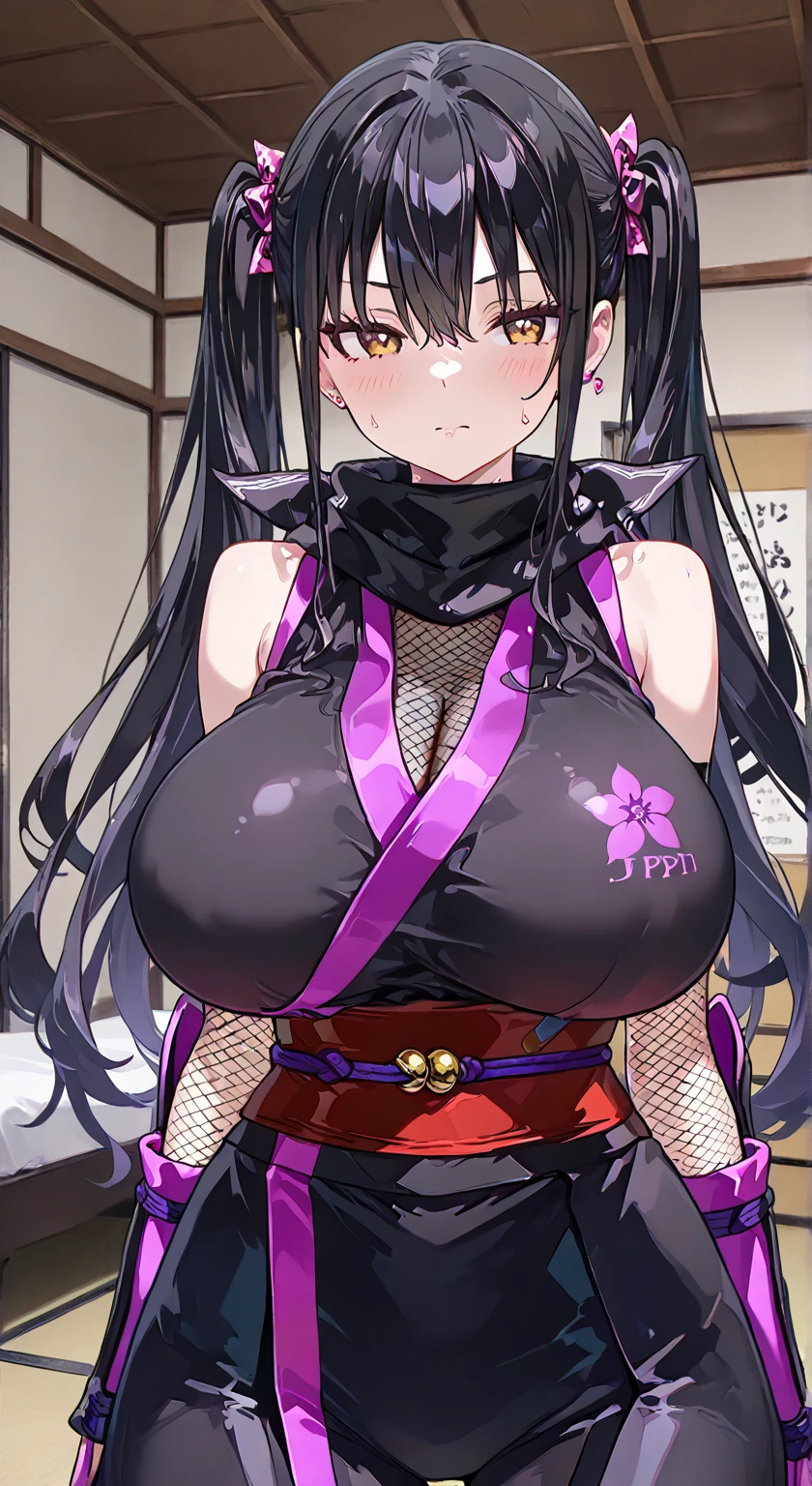 masterpiece, best quality, highres, 1girl, solo, long hair, hair flaps, purple hair, purple eyes, large breasts, cleavage, japanese clothes, pink kimono, off shoulder, bare shoulders, obi, <lora:oharu_v1:0.6>, smile, cowboy shot, standing, looking at viewer, straight-on, arms at sides, outdoors, blue sky,