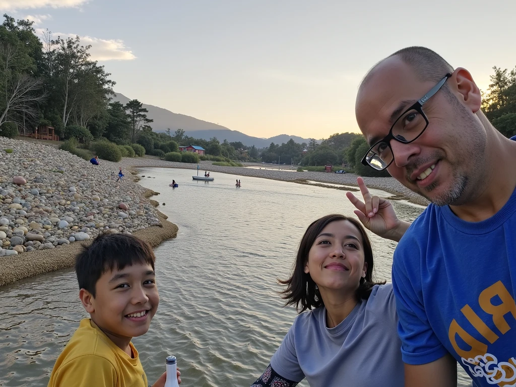 There's a woman and a boy at the water's edge, River in front of you, standing next to water, peixes no fundo, rio ao fundo, em um rio na selva, Espumante no Riacho Fluindo, on seashore, vacation photo, divertindo-se, standing in a pond, standing in a shallow river