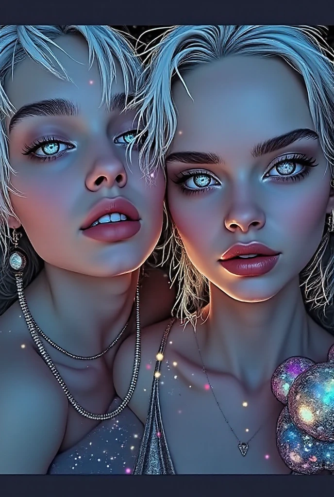 (3 girls sensual and happy)), very bright background lighting, solo, blue eyes, {beautiful and detailed eyes}, summer night, small breasts, stunning moonlight, calm expression, natural light and Soft, hair, delicate facial characteristics, hair with cuts, very small earrings, (colorful hair, real hands, masterpiece, better quality, photorealist, ultra-dectalized, sensual clear focus, pendant), pirceing in pussy, by pubic , wide colorful room,