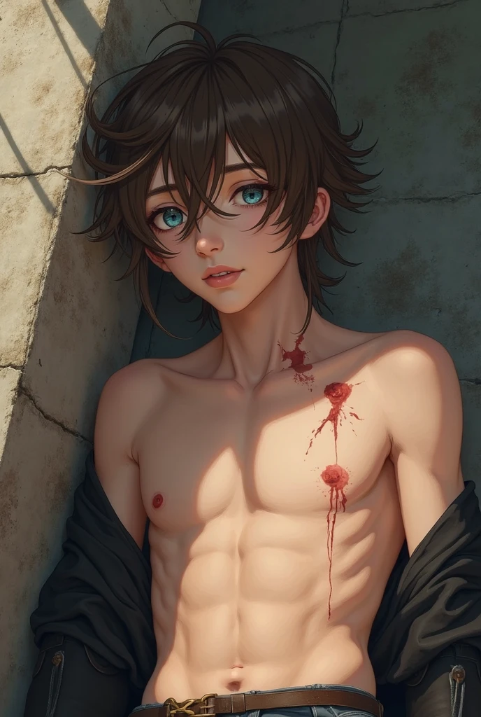Highres, Masterpiece, Best quality at best,Best Quality,hight quality, hight detailed, Anime style, 1boy, Kid Shota, Shirtless, Topless, Bare chest, Thong, Dark skin, Torso, Slim body, (Very thin body), (very young kid), (very small and short body), 10-Year-Old-Boy, (Showing armpit:1.3), Earring, Choker, Navel piercing, looks full of sex drive, Sweat, Simple beckground