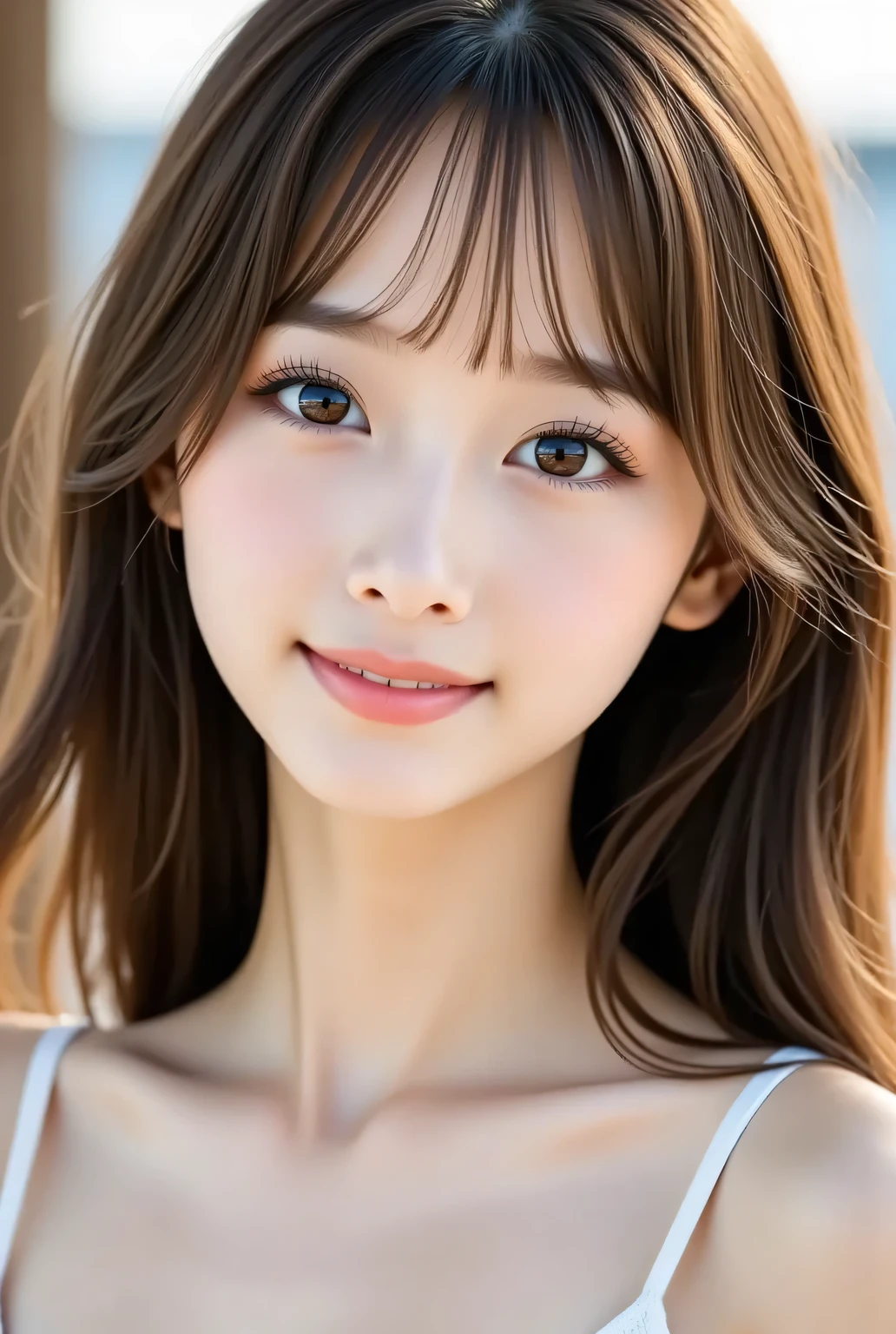 masterpiece , high quality, super detail, super high image quality, 8k,16k,32K, 最high quality , Detailed Faces, Detailed brown eyes, well-groomed eyebrows,18 year old girl,cute face, Bangs,straight hair,bangs ,Half Smile , Outdoors,Viewer
