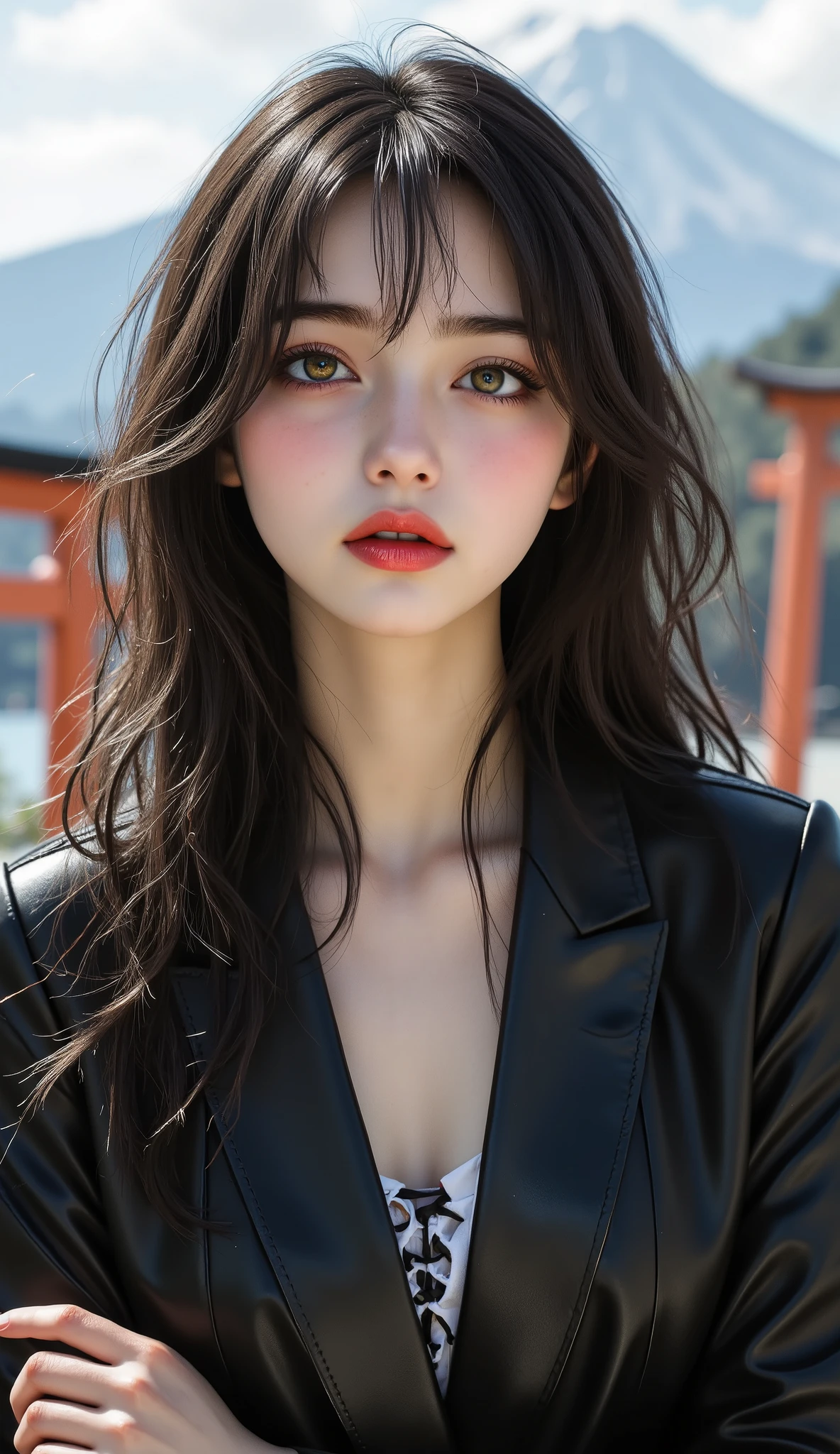 [Style: - "8k, masterpiece, realistic, Photorealistic realism, Hyper high resolution" - "highest quality, intricate ultra-detailed digital art"] (Key Directive: - "The priority is the anatomical accuracy and texture of the materials" - "Ultra-sharp human eyes with biological accuracy") {Character: "a beautiful girl, [Rosé from blackpink((firm and full breasts))]" | Face: "full lips, red lipstick, intense gaze" | Eyes: - "((sharp focus, no blurry eyes, Hyper absurd quality, Hyper details, Hyper realistic green eyes:1.4))" - "((extra narrow eyebrows))" - "(Carefully draw Long blue_mascara:1.42)" - "(perfect round eyes)" | Hair: "long hair, black hair, curls at the ends of the hair, hair above one eye,((long combed to the side))" | Pose: "elegant pose" Outfit: [Top: "modest office suit {{black,elegant,shinning leather}}, (shiny accessories)" | laced white undershirt" | (Shoes: "high heels (black leather)"] Environment: "((Mt. Fuji tori))" Lighting: "studio lighting, monochromatic, striking contrast, dramatic shadows" (Rendering engine: "Unreal Engine 5 path tracing, 16K texture maps") | The ultra-Highres,Unreal 5,Subsurface scattering,PBR Texturing,Post-Processing,Anisotropic Filtering,depth of fields,Maximum Sharpness and Sharpness,multi-layered texture,Albedo and Specular maps,Surface Shading,Precise simulation of light-material interactions,perfectly proportions,Octane rendering,Two-tone illumination,Wide Aperture, low ISO, white balance, The rule of thirds