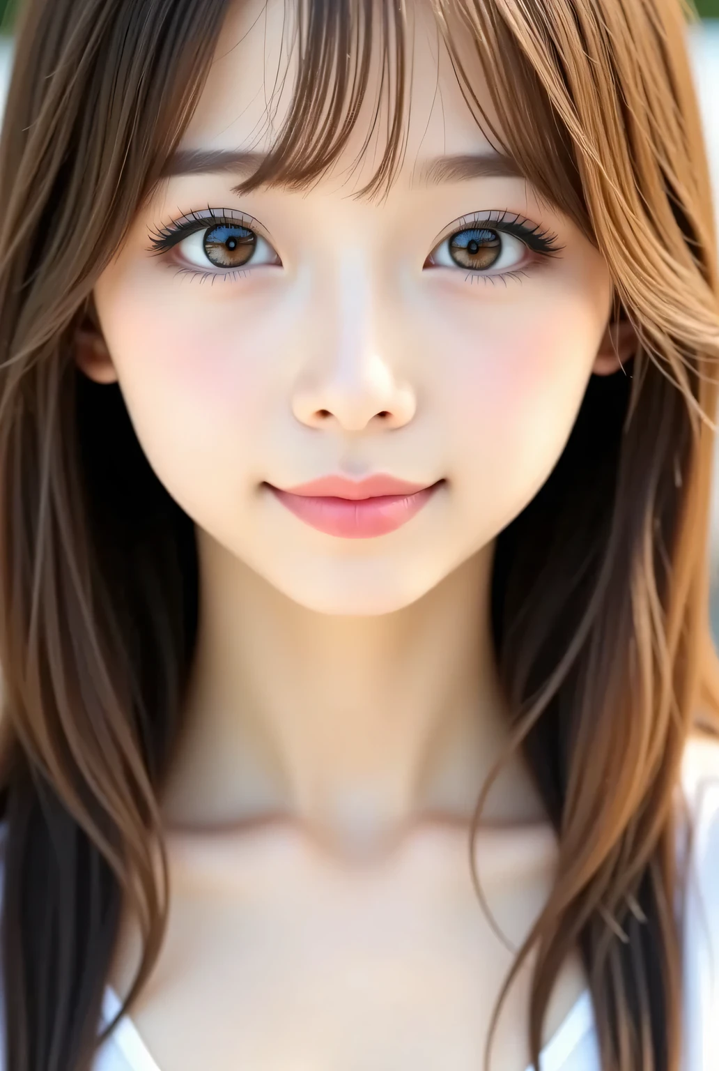 masterpiece , high quality, super detail, super high image quality, 8k，16k，32K, 最high quality , Detailed Faces, Detailed brown eyes， well-groomed eyebrows，18 year old girl，cute face, Bangs，straight hair，bangs ，Half Smile  , Outdoors，Viewer
