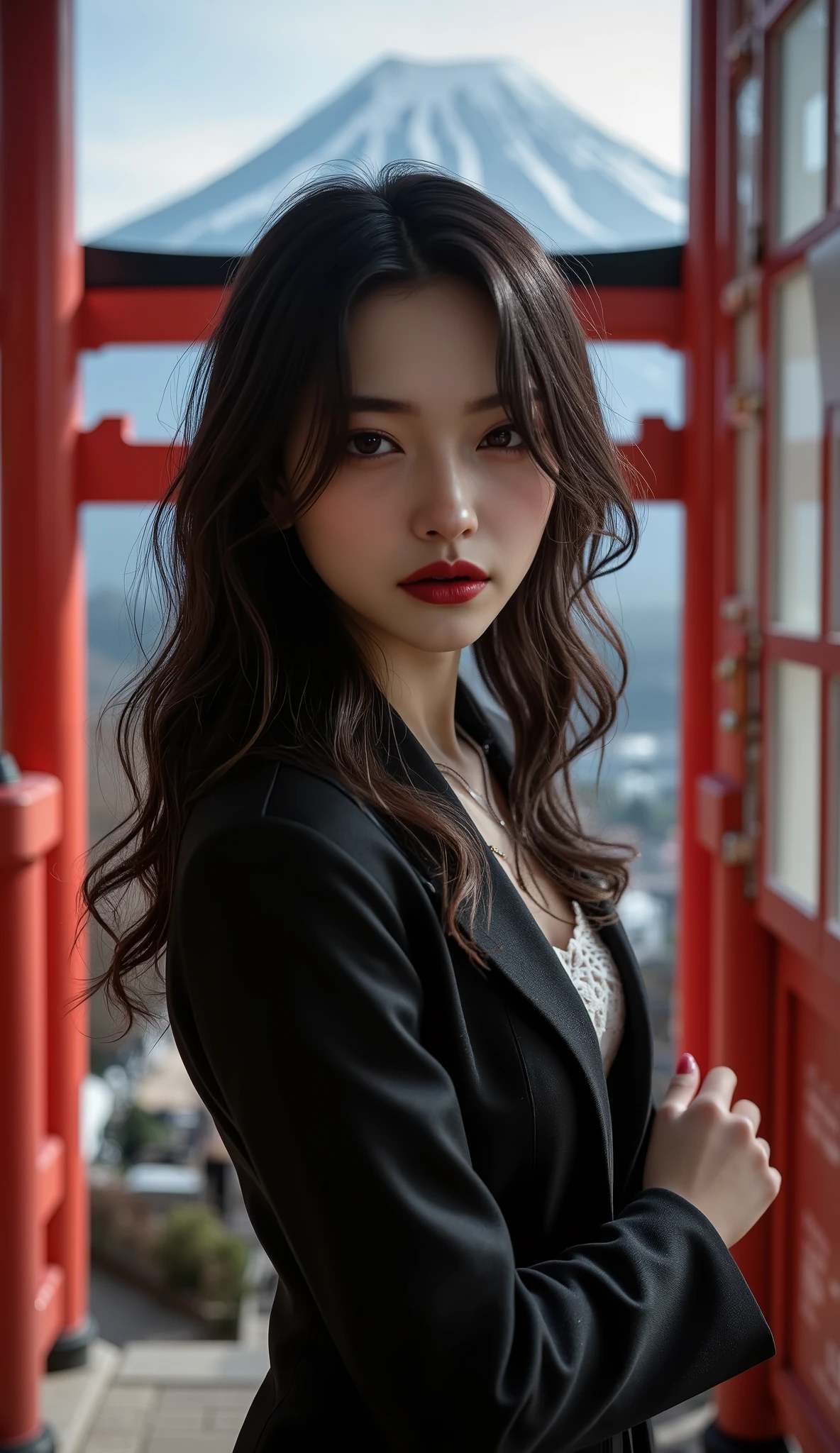 [Style: - "8k, masterpiece, realistic, Photorealistic realism, Hyper high resolution" - "highest quality, intricate ultra-detailed digital art"] (Key Directive: - "The priority is the anatomical accuracy and texture of the materials" - "Ultra-sharp human eyes with biological accuracy") {Character: "a beautiful girl, [Rosé from blackpink((firm and full breasts))]" | Face: "full lips, red lipstick, intense gaze" | Eyes: - "((sharp focus, no blurry eyes, Hyper absurd quality, Hyper details, Hyper realistic brown eyes:1.4))" - "((extra narrow eyebrows))" - "(Carefully draw Long blue_mascara:1.2)" - "(perfect round eyes)" | Hair: "long hair, dark hair, curls at the ends of the hair, hair above one eye,((long combed to the side))" | Pose: "elegant pose" Outfit: [Top: "modest office suit {black,elegant,leather}, (shiny accessories)" | ["lace ((white undershirt))"] | [Shoes: "high heels"]  Environment: "((Mt. Fuji tori))" Lighting: "studio lighting, monochromatic, striking contrast, dramatic shadows" (Rendering engine: "Unreal Engine 5 path tracing, 16K texture maps") | The ultra-Highres,Unreal 5,Subsurface scattering,PBR Texturing,Post-Processing,Anisotropic Filtering,depth of fields,Maximum Sharpness and Sharpness,multi-layered texture,Albedo and Specular maps,Surface Shading,Precise simulation of light-material interactions,perfectly proportions,Octane rendering,Two-tone illumination,Wide Aperture, low ISO, white balance, The rule of thirds