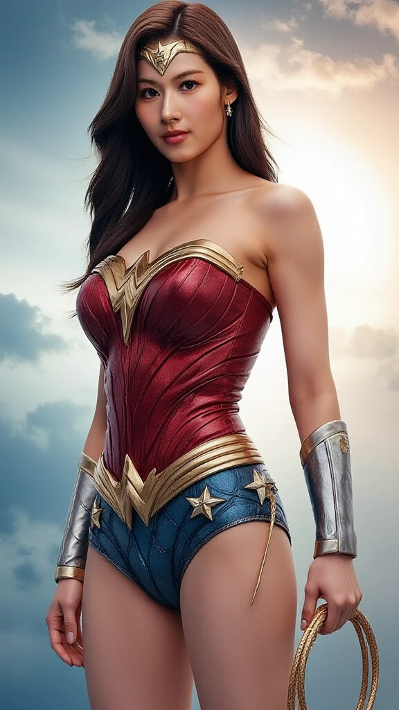 Photo of Wonder Woman  in a gritty alley adorned with vibrant graffiti.
red lips, [smiling|mouth open], dynamic pose.
