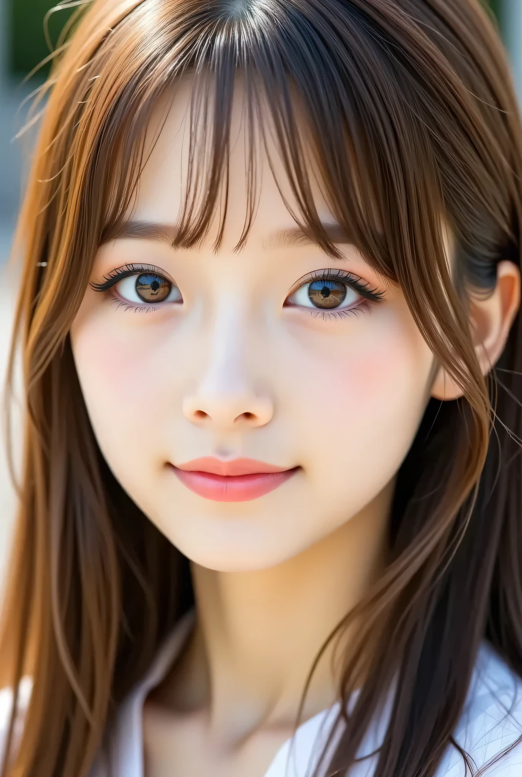 masterpiece , high quality, super detail, super high image quality, 8k,16k,32K, 最high quality , Detailed Faces, Detailed brown eyes, well-groomed eyebrows,18 year old girl,cute face, Bangs,straight hair,bangs ,Half Smile , Outdoors,Viewer
