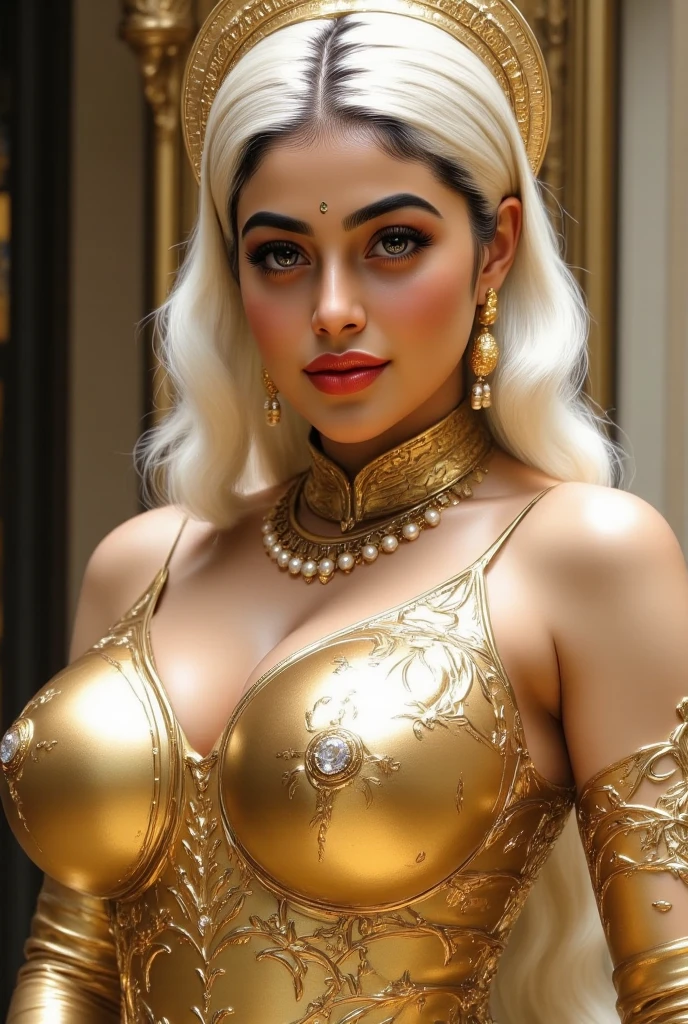 Extremely detailed, women, elven, Pakistani women, beautiful body, wearing traditional dress(gray and golden), beautiful enormous tight breast, beautiful face, naked breast, exposed breast, sexy greenish gray eyes, sexy look, light pink lips, open mouth smile, gray hair and eye lashes 