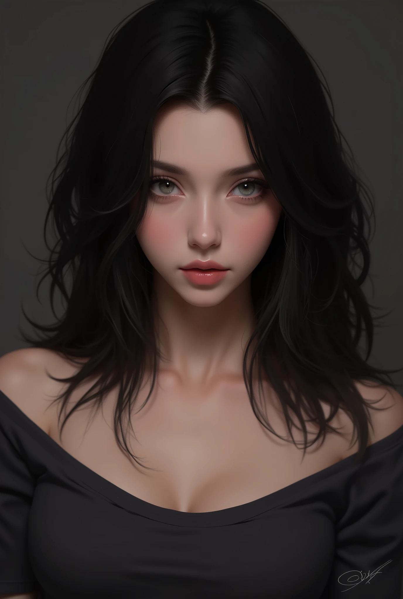 (best quality,4k,8k,highres,masterpiece:1.2),ultra-detailed,(realistic,photorealistic,photo-realistic:1.37),portraits,black hair,sexy woman, seductive eyes,intense gaze, parted mouth,deep blush,flustered,beautiful face,amazing makeup,off shoulder t shirt