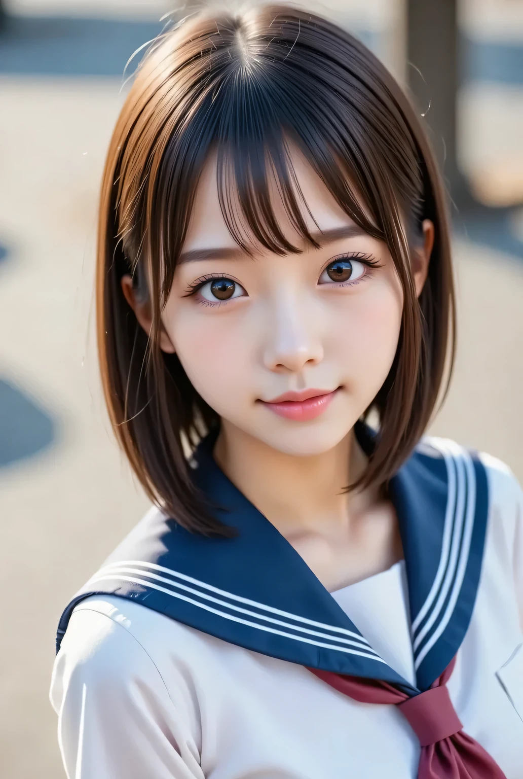 masterpiece , high quality, super detail, super high image quality, 8k,16k,32K, 最high quality , Detailed Faces, Detailed brown eyes, well-groomed eyebrows,18 year old girl,cute face, Bangs,straight hair,bangs ,Half Smile , Outdoors,Viewer