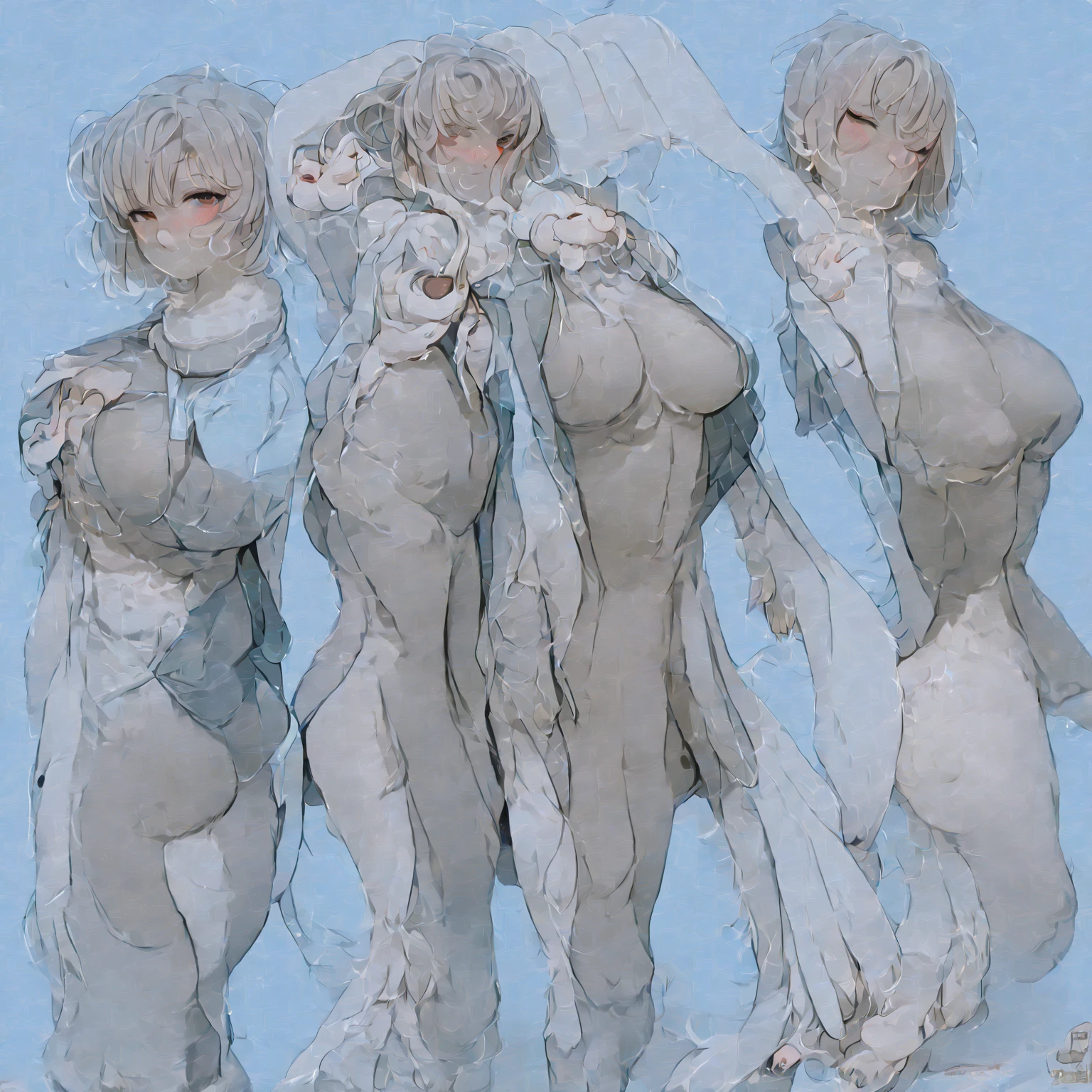 nsfw,3girls,woman,lineup,(legs Apart:1.5),Androgynous,(sidelocks),hands,(Steamed Body:1.3),(pussy:1.3),nude,front view,breasts out,big breasts,light hair,purple eyes,yellow eyes,purple eyes,piercing,(medium hair),middle breasts,large_areolae,looking at viewer,Androgynous,masterpiece,best quality,very aesthetic,absurdres,straight-on
