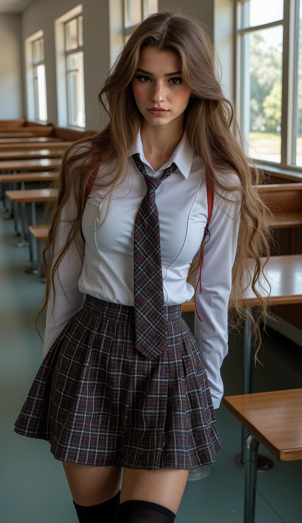 Ultra-realism, photorealistic , cinematic full body photo , beautiful sexy, schoolgirl, school canteen, fell, wavy, shiny hair , clear, glowing eyes , beautiful floor, white shirt , neck tie, blue and brown checkered mini skirt , black thigh-high socks, brown leather shoes , canteen, sitting on the canteen, view from side , flirtatious, legs crossed , nice thighs , (big :1.5), (breast:1.5)