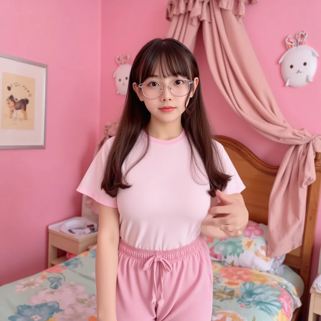 A beautiful girl with glasses and cat ears posing near a window, pink cat clothes, showcasing shoulders and thighs