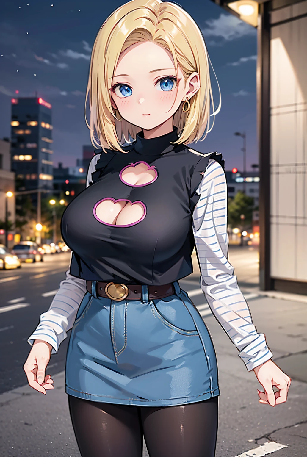 (masterpiece, best quality:1.2), extremely detailed, detailed hair, intricate details, finely detailed, [[soft lighting, volumetric lighting]], 1girl, (solo), looking at viewer, mature female, upper body ,( hands on hips:1.2), sitting , thick thighs, curvy, huge breasts, off-shoulder (t-shirt), , (bloomers),, , (thigh strap), (asymmetrical bangs, asymmetrical hair , twintails, blonde hair ,twin drills), smug , dark skin, , choker , freckles , lipstick, makeup, (A futuristic, neon-lit cyberpunk cityscape with towering skyscrapers ), 