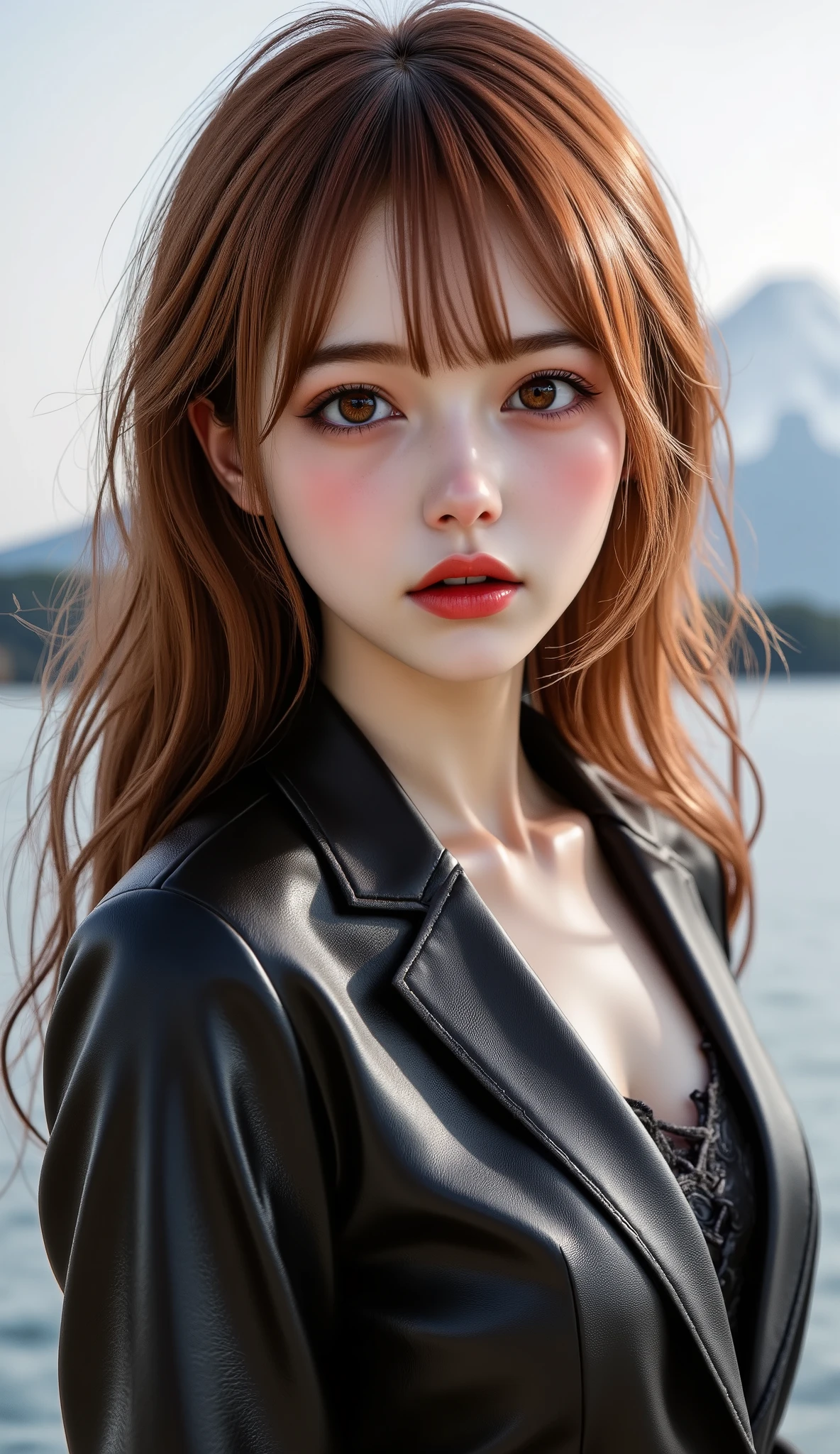 [Style: - "8k, masterpiece, realistic, Photorealistic realism, Hyper high resolution" - "highest quality, intricate ultra-detailed digital art"] (Key Directive: - "The priority is the anatomical accuracy and texture of the materials" - "Ultra-sharp human eyes with biological accuracy") {Character: "a beautiful girl, [Rosé from blackpink((firm and full breasts))]" | Face: "full lips, red lipstick, intense gaze" | Eyes: - "((sharp focus, no blurry eyes, Hyper absurd quality, Hyper details, Hyper realistic brown eyes:1.4))" - "((extra narrow eyebrows))" - "(Carefully draw Long blue_mascara:1.2)" - "(perfect round eyes)" | Hair: "long hair, red hair, curls at the ends of the hair, hair above one eye,((long combed to the side))" | Pose: "elegant pose" Outfit: [Top: "modest office suit {black,elegant,leather}, (shiny accessories)" | laced white undershirt" | (Shoes: "high heels (black leather)"] Environment: "Mt. Fuji tori" Lighting: "studio lighting, monochromatic, striking contrast, dramatic shadows" (Rendering engine: "Unreal Engine 5 path tracing, 16K texture maps") | The ultra-Highres,Unreal 5,Subsurface scattering,PBR Texturing,Post-Processing,Anisotropic Filtering,depth of fields,Maximum Sharpness and Sharpness,multi-layered texture,Albedo and Specular maps,Surface Shading,Precise simulation of light-material interactions,perfectly proportions,Octane rendering,Two-tone illumination,Wide Aperture, low ISO, white balance, The rule of thirds