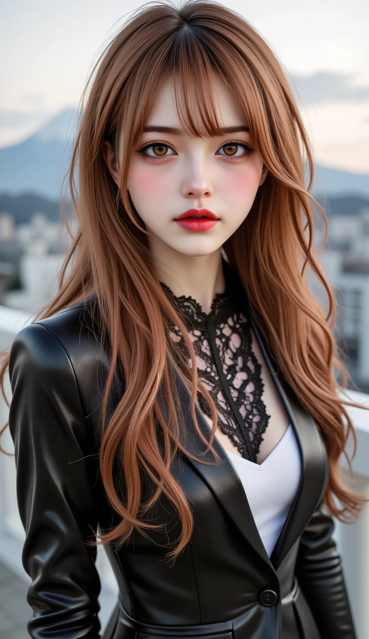 [Style: - "8k, masterpiece, realistic, Photorealistic realism, Hyper high resolution" - "highest quality, intricate ultra-detailed digital art"] (Key Directive: - "The priority is the anatomical accuracy and texture of the materials" - "Ultra-sharp human eyes with biological accuracy") {Character: "a beautiful girl, [Rosé from blackpink((firm and full breasts))]" | Face: "full lips, red lipstick, intense gaze" | Eyes: - "((sharp focus, no blurry eyes, Hyper absurd quality, Hyper details, Hyper realistic brown eyes:1.4))" - "((extra narrow eyebrows))" - "(Carefully draw Long blue_mascara:1.2)" - "(perfect round eyes)" | Hair: "long hair, red hair, curls at the ends of the hair, hair above one eye,((long combed to the side))" | Pose: "elegant pose" Outfit: [Top: "modest office suit {black,elegant,leather}, (shiny accessories)" | laced white undershirt" | (Shoes: "high heels (black leather)"] Environment: "Mt. Fuji tori" Lighting: "studio lighting, monochromatic, striking contrast, dramatic shadows" (Rendering engine: "Unreal Engine 5 path tracing, 16K texture maps") | The ultra-Highres,Unreal 5,Subsurface scattering,PBR Texturing,Post-Processing,Anisotropic Filtering,depth of fields,Maximum Sharpness and Sharpness,multi-layered texture,Albedo and Specular maps,Surface Shading,Precise simulation of light-material interactions,perfectly proportions,Octane rendering,Two-tone illumination,Wide Aperture, low ISO, white balance, The rule of thirds