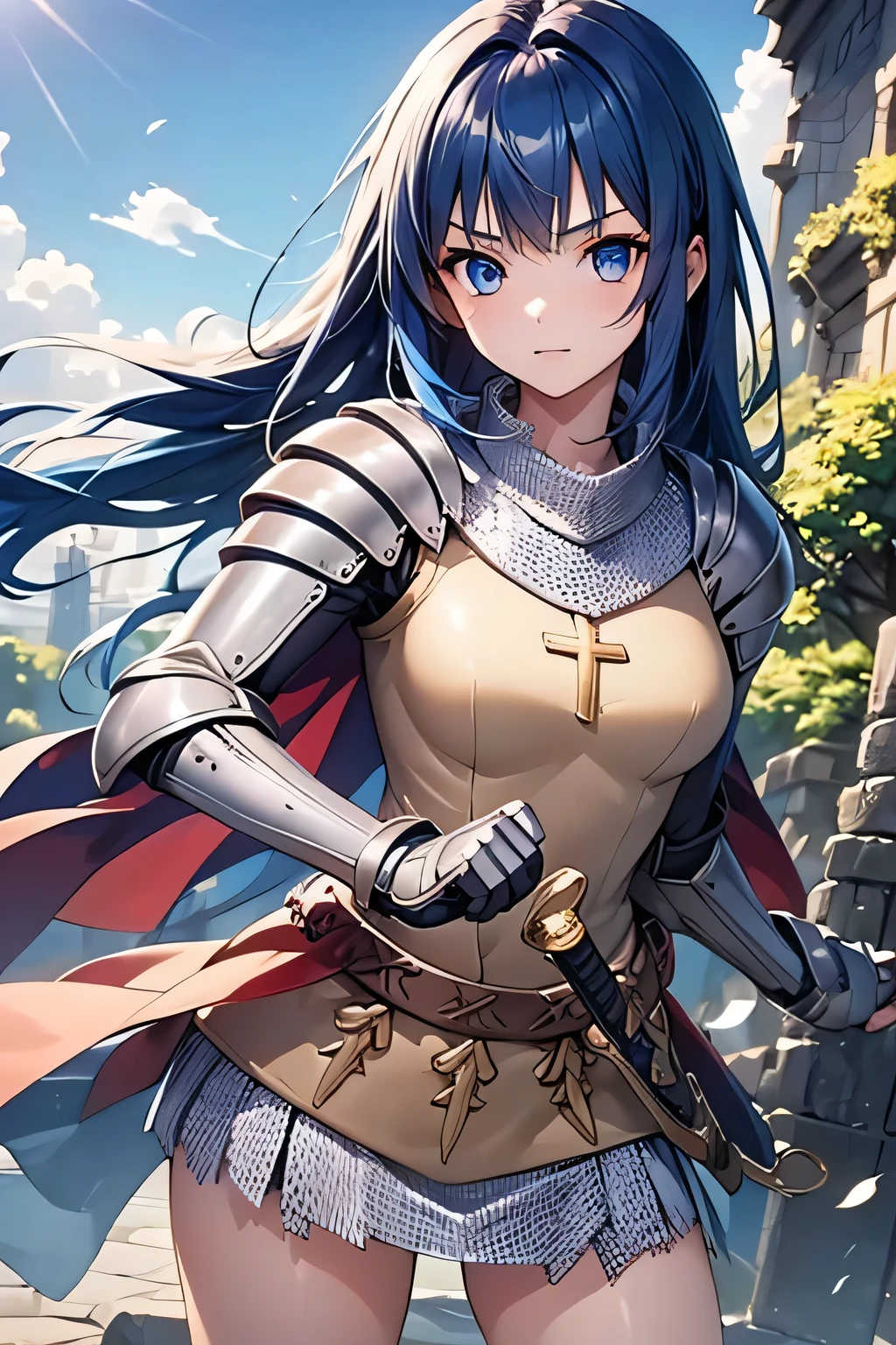 1girl, long hair, blue hair, blue eyes, sword, masterpiece,best quality,amazing quality,(masterpiece),scenery,ragnarokknight, armor, breastplate, cross, pauldrons, cape, gauntlets, chainmail