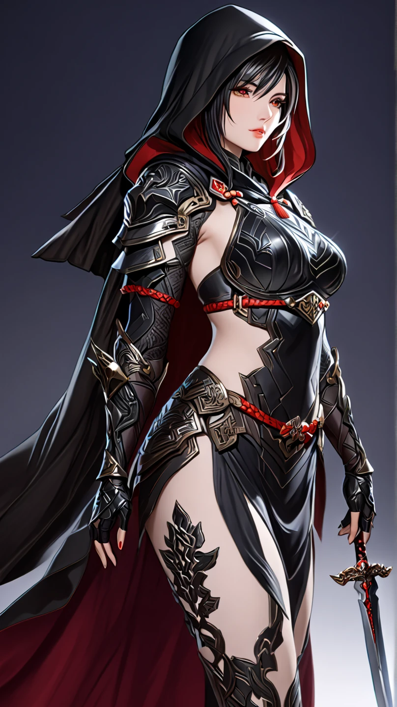{red} {very long} hairstyle, {{very long}} elf ears, {breast and hips} size} ((big breast, big hips)), glowing {red} eyes, {wearing} {{big}} {wide brim}((witch hat)), {wearing} {painted in red and black} heavy metal armor, cleavage chest armor, {wearing big length} metal armor legs, {add wearing} {red} pelvic curtain, {add wearing} {big} (shoulder armor), highly detailed, masterpiece, excellent art, perfect creation, perfect art, ultra detailed, perfect pose, 8k, hd,