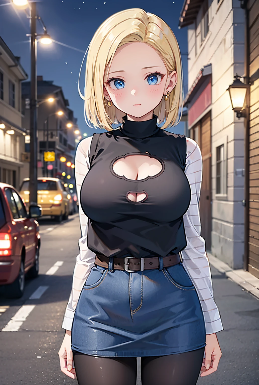 (best quality:1.5, highres, UHD, 4K, detailed lighting, shaders, HDR), blonde long ponytail, large breasts, long sleeve shirt, overalls, thighs, crotch, lewd, smiling, slit eyes, close shot, street background