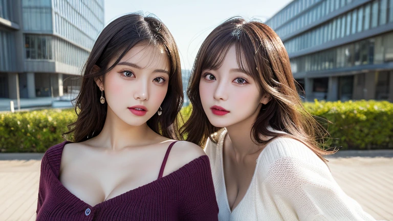 (2girl:1.3), gorgeous beautiful & elegant, (beautiful portrait of two women:1.25), (best quality, masterpiece:1.2), (photorealistic:1.2), 16K, absurdres, beautiful eyes, (light brown hair, asymmetrical hair, asymmetrical bangs, messy hair), full round face, (hug each other:1.2), (seductive smile:1.2), (dynamic lighting), (upper body), highly detailed, (close-up:1.1), Attractive 2 Japanese woman Pictures,
