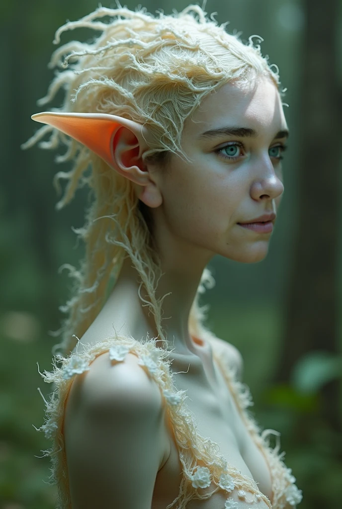 analog film photo, photo of a young elf girl, 18 years-old, elf, elf ears, long pointy ears, peridot eyes, light-brown sun-tanned skin, goosebumps, pretty, natural beauty, resembles a Ana De Armas, wearing a cotton bralette, posing in a misty forest, RAW Photograph, dslr, soft lighting, high quality, film grain, Fujifilm XT3, detailed skin with visible pores, insane details, masterpiece, 8k, 35mm photograph, dslr, kodachrome, faded film, desaturated, grainy, vintage, Lomography, stained, highly detailed, found footage, close-up shot, elven ears