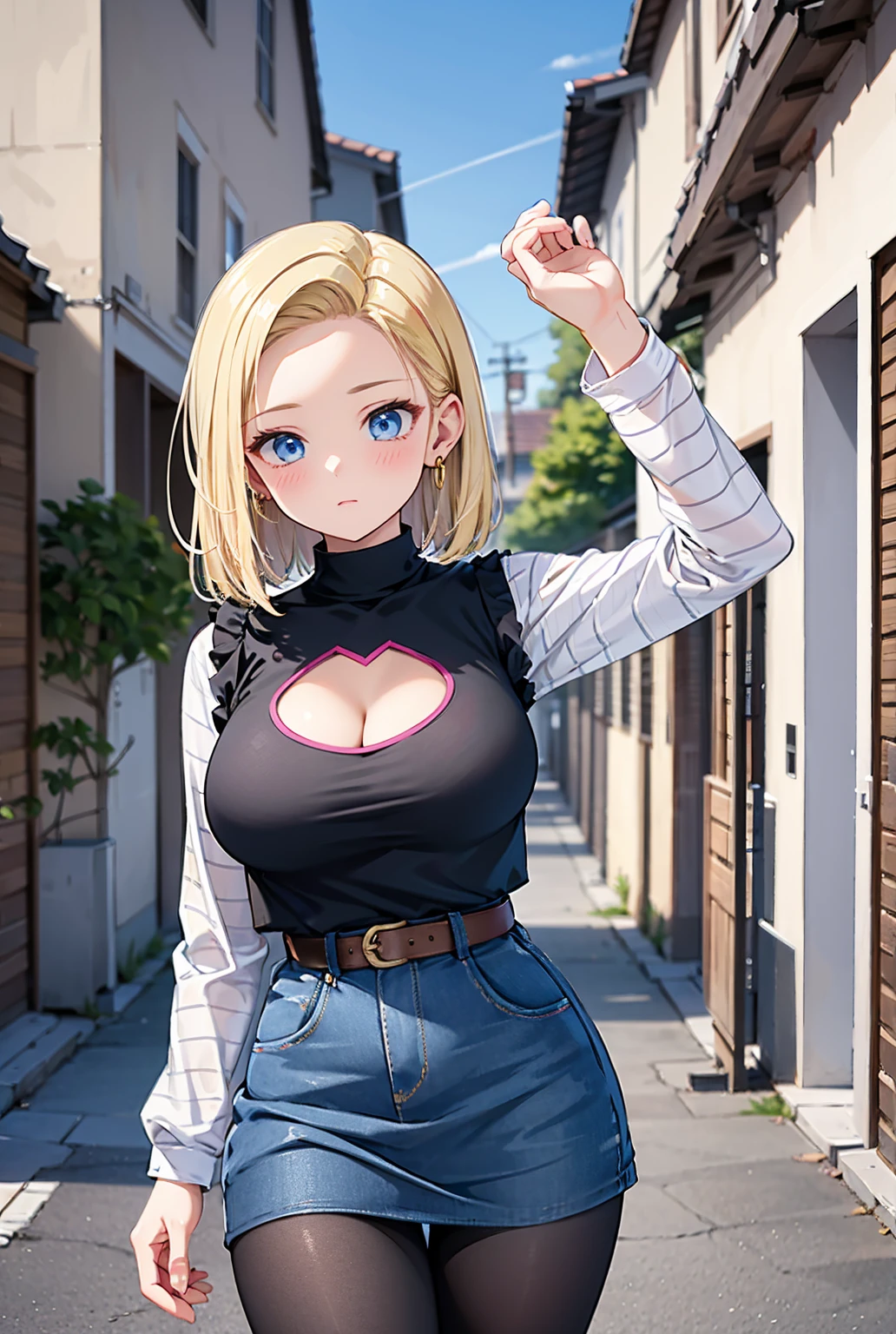 Fille sexy, large breast, sun set, seductive, bionde, blue eye, detailed eyes, hourglass _forme du corps, ultra detailed, 4K Ultra HD, smiling, flirty smile, blushes, jewels, tenu de soirée sexy, downtown,
