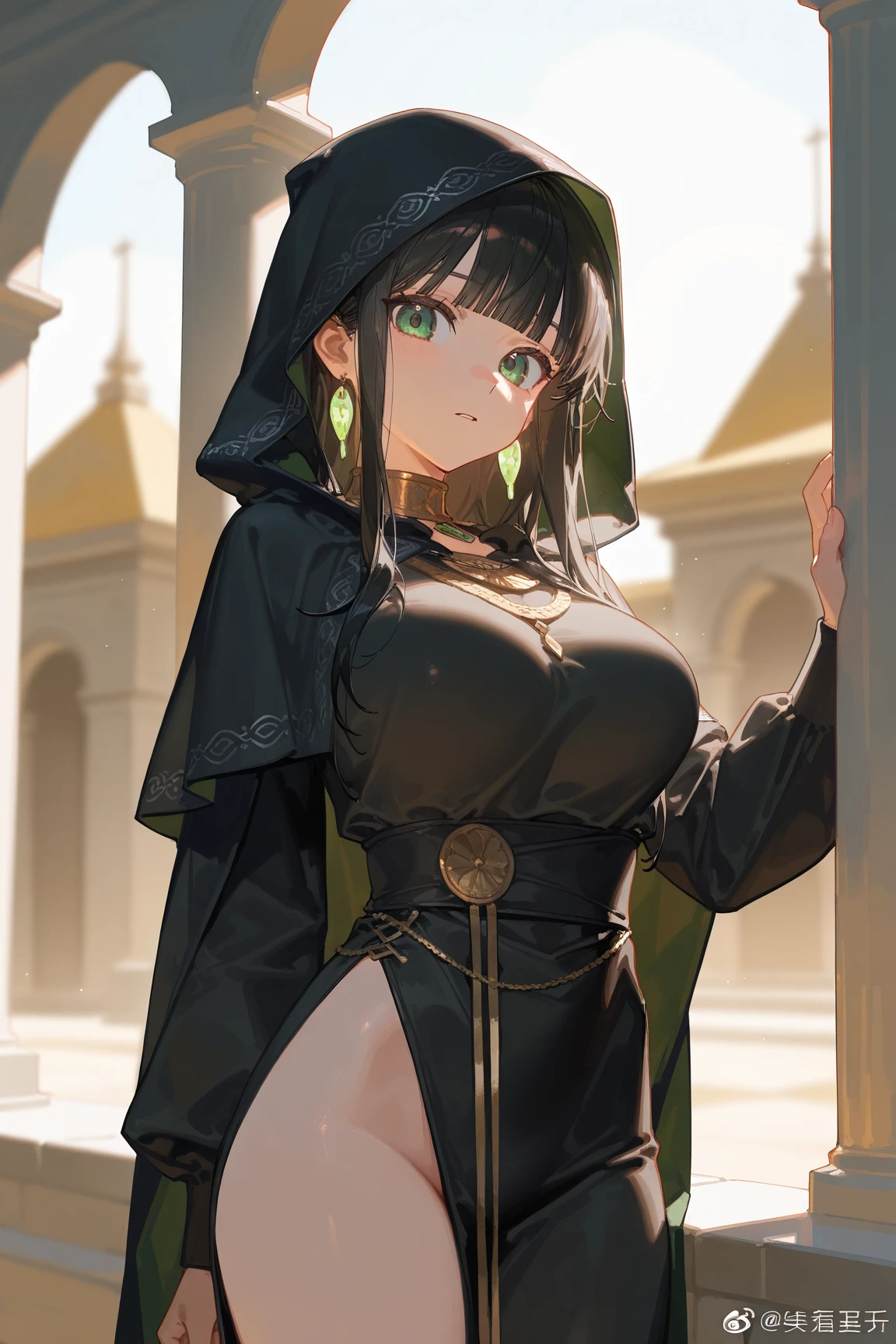 (masterpiece, best quality), sexy woman in a black robe posing in a hallway, (wearing emerald green robe with hood), dark robe, thicc, wearing black robe, 8k high quality detailed art, wearing a black robe, black robe, extremely detailed artgerm, artwork in the style of guweiz, black - haired mage, seductive anime girl, mighty plump female sorceress