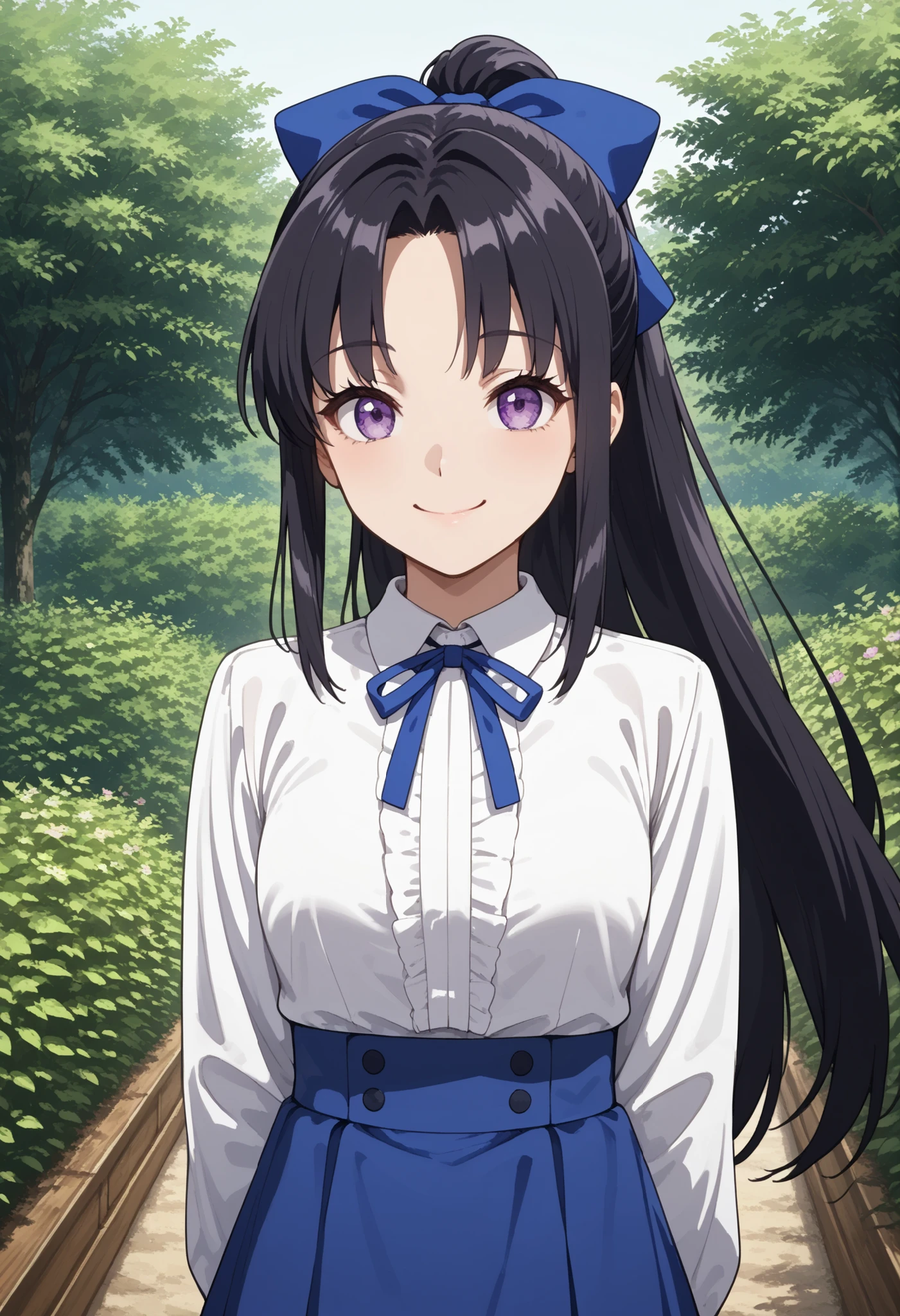 best quality, Good Quality, very beautiful,high resolution , high quality、(anime illustration style:1.4),Standing、Fraurem、shot from the front、(smile、smiles:1.2)、closed mouth、one girl,solo,Fraurem , long hair , black hair with a young pattern , bow , purple eyes , ponytail , hair bow , side lock , White shirt、 blue skirt、Blue ribbon
