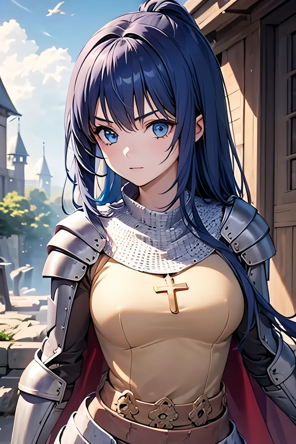 1girl, long hair, blue hair, blue eyes, sword, masterpiece,best quality,amazing quality,(masterpiece),scenery,ragnarokknight, armor, breastplate, cross, pauldrons, cape, gauntlets, chainmail