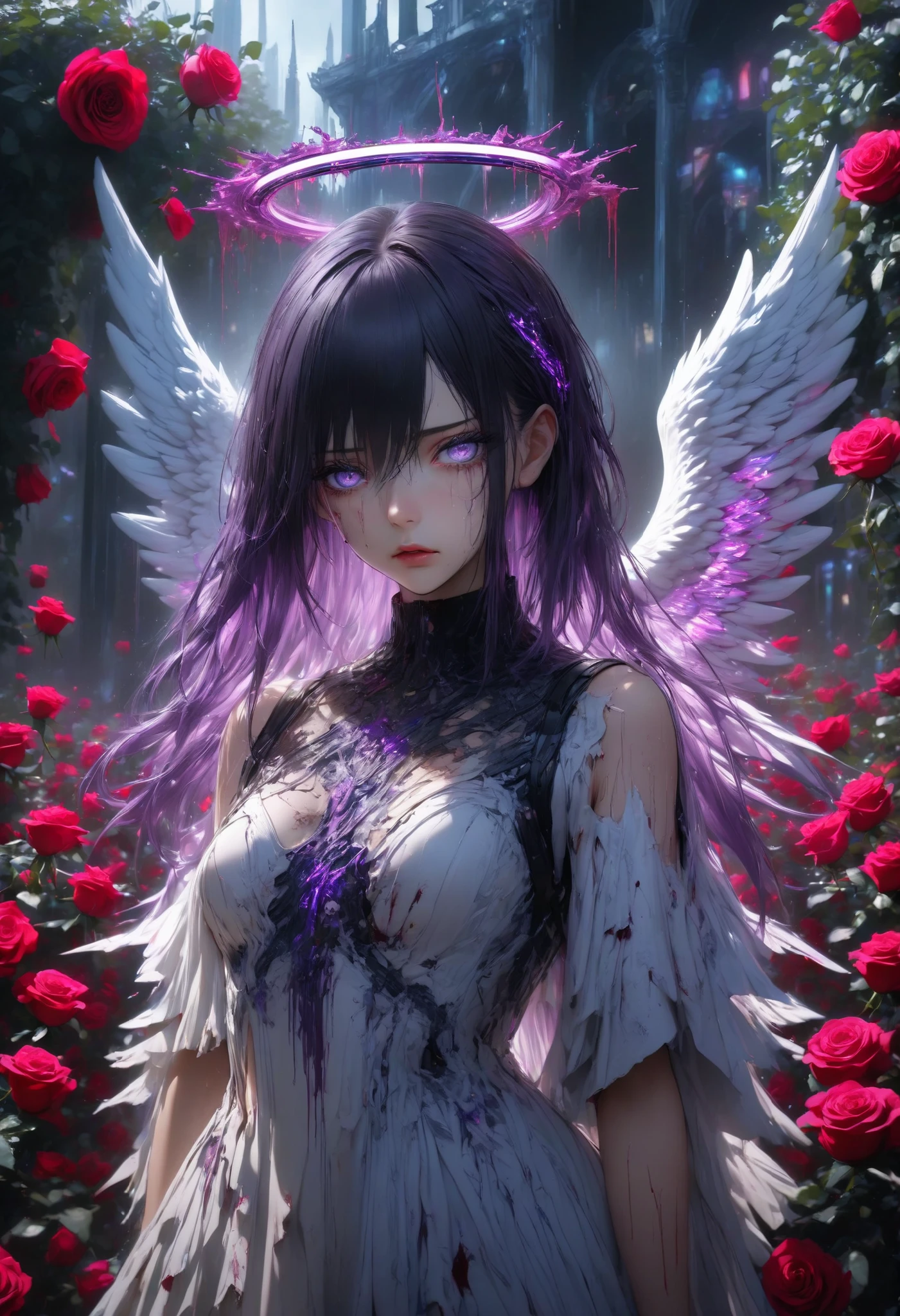 super realism、HYPERREALISTIC 1 GIRL. Cyberpunk sharp purple eyes , multicolored eyes , hair between eyes , long side bangs , black hair with fine purple strands, an angel, halo bleeding, white torn angel dress, weeping blood, standing in a royal garden full of rose bushes, at night, injured angel wings, looking at the viewer