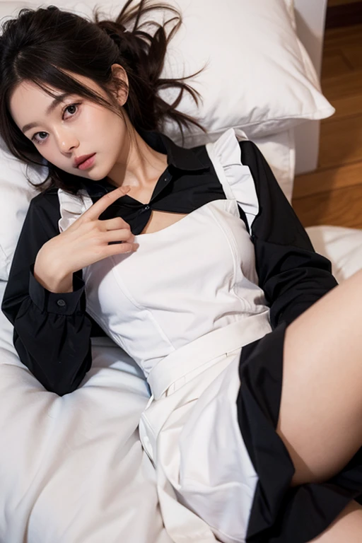 maid_cosplay, solo, enmaided, simple background, long sleeves, 1girl, maid headdress, bangs, apron, ツインテールの髪, maid, open mouth, maid apron, white apron,bed,lying,on sidde,sleeping、lying, arms up