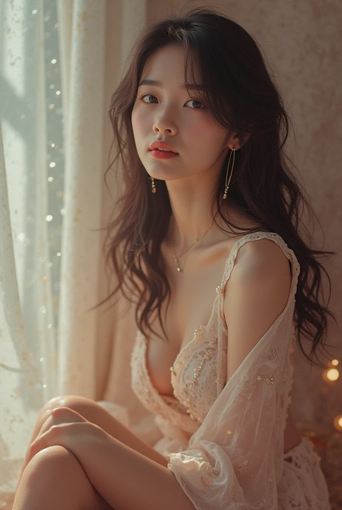 (((best quality))), (((ultra detailed))), (((masterpiece))), illustration,a beautiful girl,solo,slim,thin,messy hair,medium straight bob hair,sitting on the bed,in a bedroom,halter lace nightgown, deep in thought, dimly lit room, soft glow of a digital clock, dark curtains, seclusion and introspection, disheveled hair, shadowed eyes, sleeplessness, delicate features, fragile beauty, pale skin, rouge on cheeks, heavy atmosphere, silence, soft hum of a refrigerator, woman's expression of deep contemplation, searching eyes, capturing the essence of struggle, vulnerability,beauty in the night,