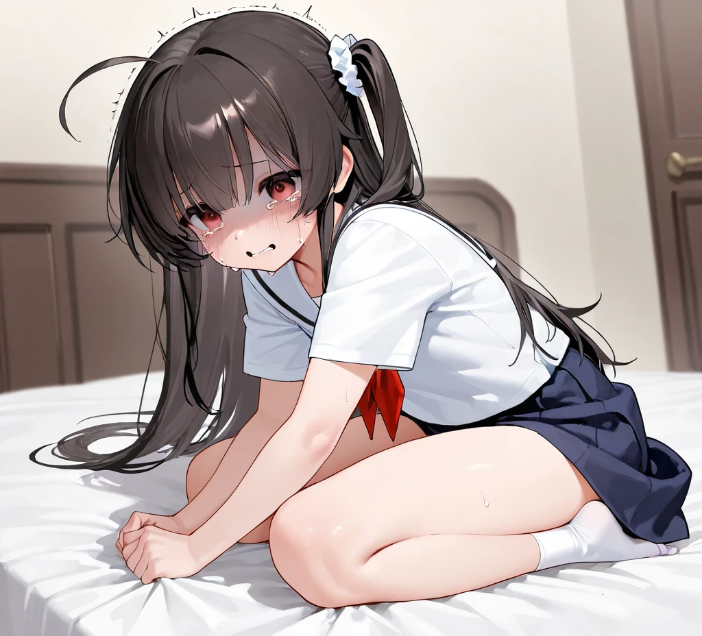 high quality, 最high quality、 Stylish design, (((The cutest girl))), ((Thin legs))、(((最high quality))), High resolution, ((detailed)), ((masterpiece)), ((Super detailed)), 、Black Hair、Inner Color、((Lying on your back in bed)),((Sexual))