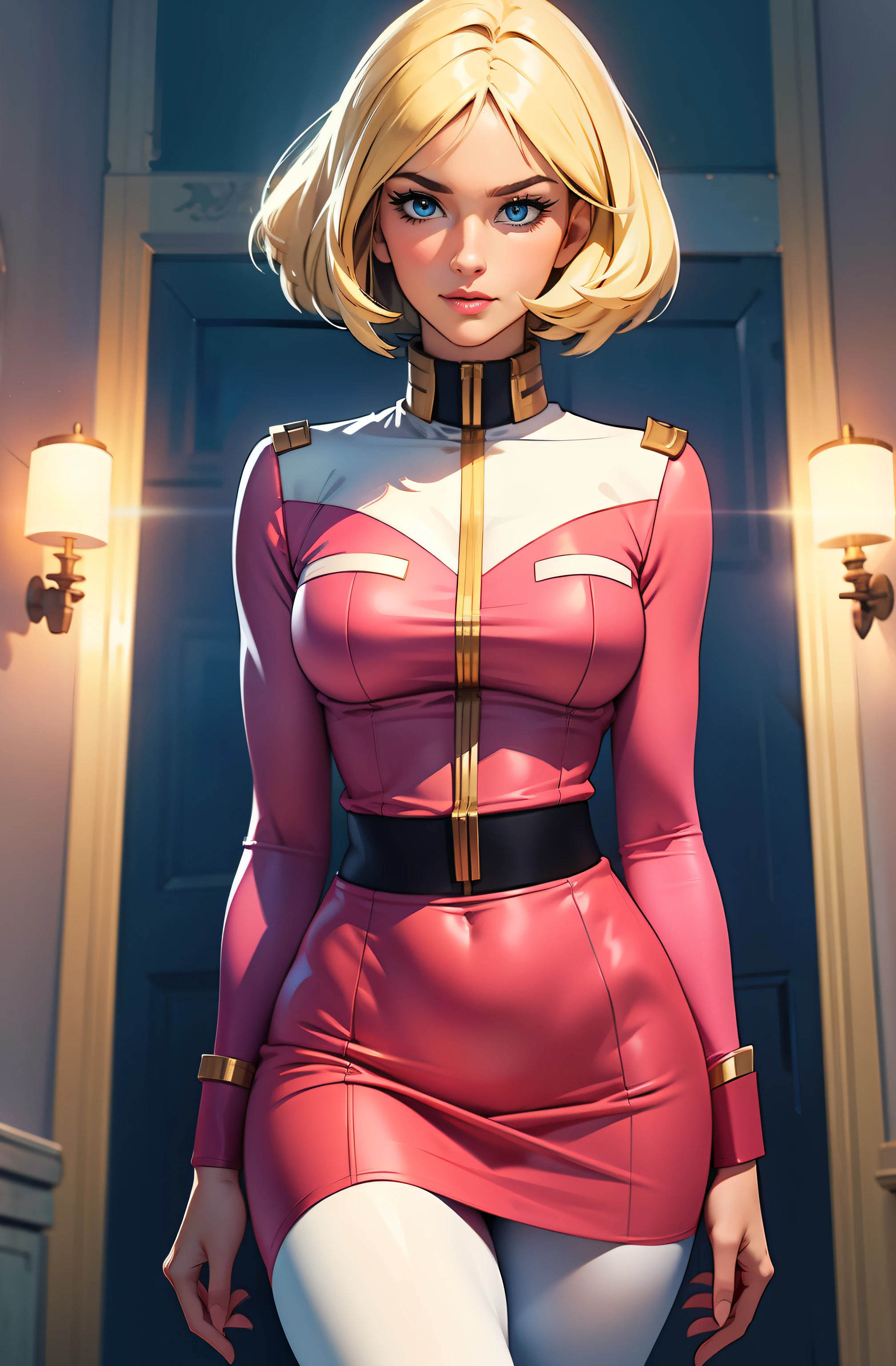 ((masterpiece)), ((cinematic lighting)), realistic photo、Real Images、Top image quality、1girl in, sayla mass, Elegant, masterpiece, Convoluted, slim arms, wide hips, thick thighs, thigh gaps, Best Quality, absurderes, high face detail, Perfect eyes, mature, Cowboy Shot, , Vibrant colors, soft pink uniform, soft pink Skirt, white tights, side view, looking at viewer