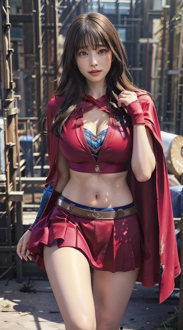 Young woman, Short series, (red hair, long hair, long hairมาก), (Huge breasts, big breast, Breast augmentation), (small waist, thin body), (majestic, Charming Succubus), (Short white dress, tight fitting, gold pattern), (Red coat, Cloak of Float), (Low-angle shots, Walking posture), (sky backdrop, cliff, meadow), (holding a wizard's long staff)