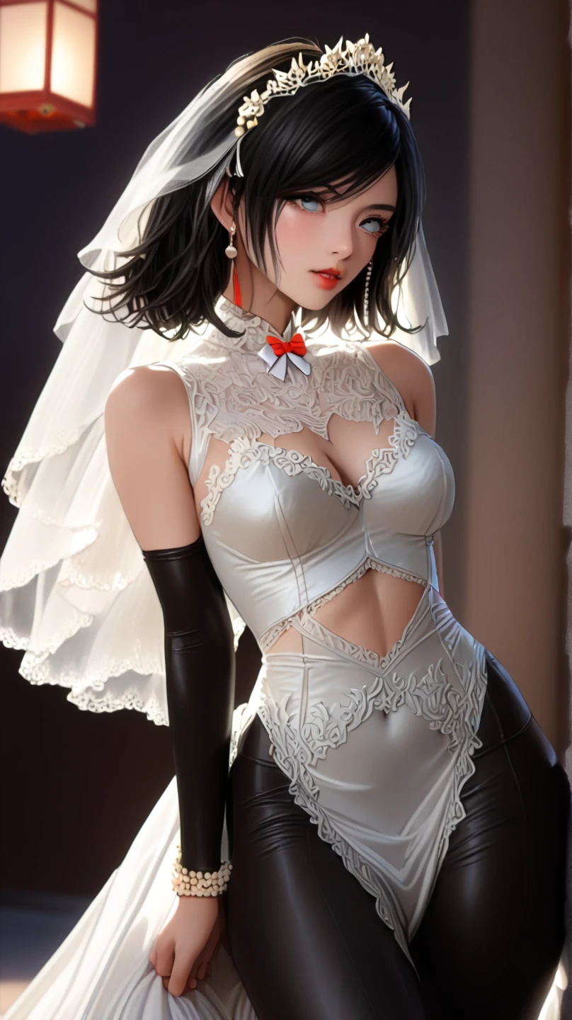 (((masterpiece, super high resolution, ultra HD, 8K quality))), (((((woman in shining white colored corset dress))))), (((See-through revealing dress))), (((((shining Black pony tail Hair))))) , (((beautiful sparkling yellow eyes, pupils with highlights))), ((bangs bangs)), pink lips, sexy expression, ((highly detailed)), (perfectly detailed face), (detailed and carefully drawn hands), (((very Big Tits))), (((charming smile))), photorealistic image, silver tiara and earrings, pearl necklace, jade bangle, diamond ring, Beautiful figure from the knees up, standing, beautiful pose
