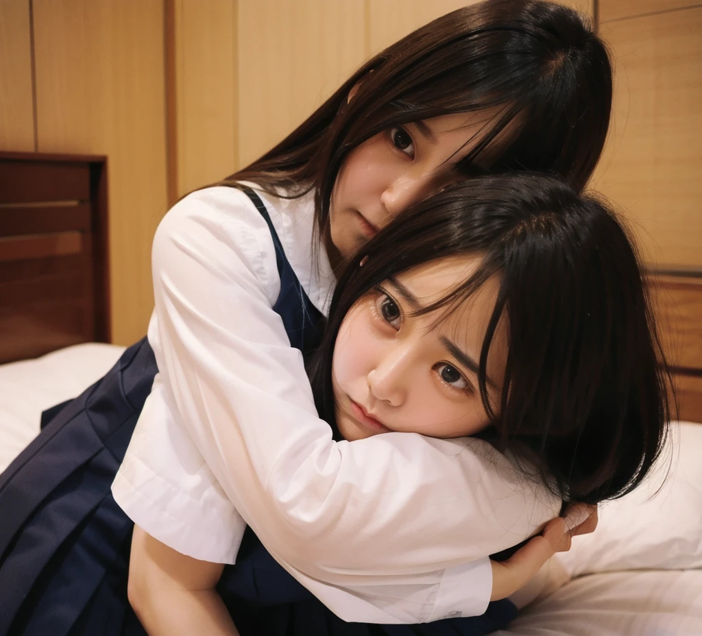 (A boy who looks like two girls in Japanese school uniforms lies on a bed、They are touching each other.'chest:1.9), cute制服を着て, A boy who looks like a 16-year-old girl, Bedroom lit by morning sun, masterpiece, (Groin bulge:1.9), (平らなchest:1.9), (ボーイッシュなchest:1.9), cute、good, (In the panties:1.5), morning erection, (erection:1.9), Long Hair, light makeup, (Large bulging crotch:1.9), (薄いchest:1.9), (mini skirt:1.9), (Large bulging crotchがスカートの前を押し上げ白いパンティが見える:1.9)