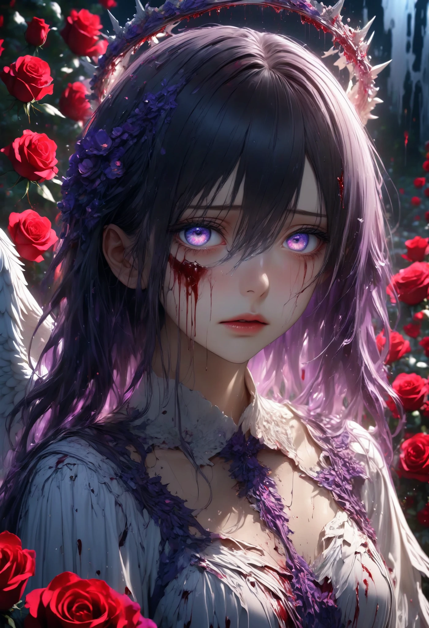 super realism、HYPERREALISTIC 1 GIRL. sharp purple eyes , multicolored eyes , hair between eyes , long side bangs , black hair with fine purple strands, an angel, halo bleeding, white torn angel dress, weeping blood, standing in a royal garden full of rose bushes, at night, injured angel wings, looking at the viewer