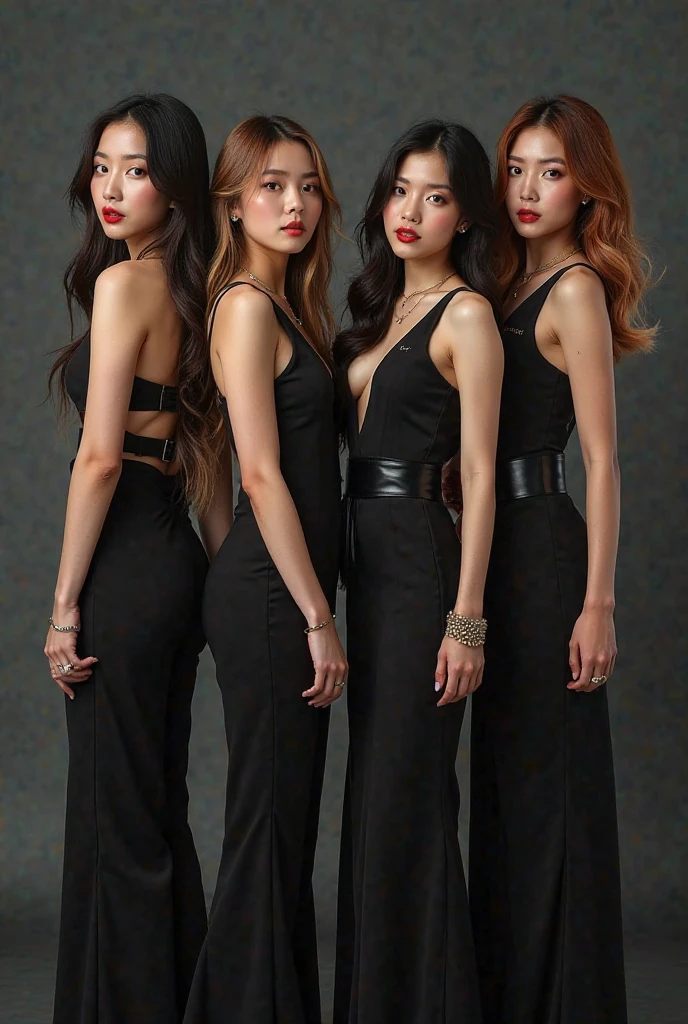 (8k, RAW photos, best quality, original photography:1.2),(Practical, photo-Practical:1.37), ((best quality)), Ultra-high resolution,Movie Lighting,Full body portrait, (tense atmosphere:1.2),  (Modern fashion style:1.2), 3 women standing together，Very detailed face，Charming eyes，Stylish long hair，Perfect body，Beautiful long hair，Colorful suspender dress，Rock Style，Tattoo，Long slender legs，3 women standing in public bathroom