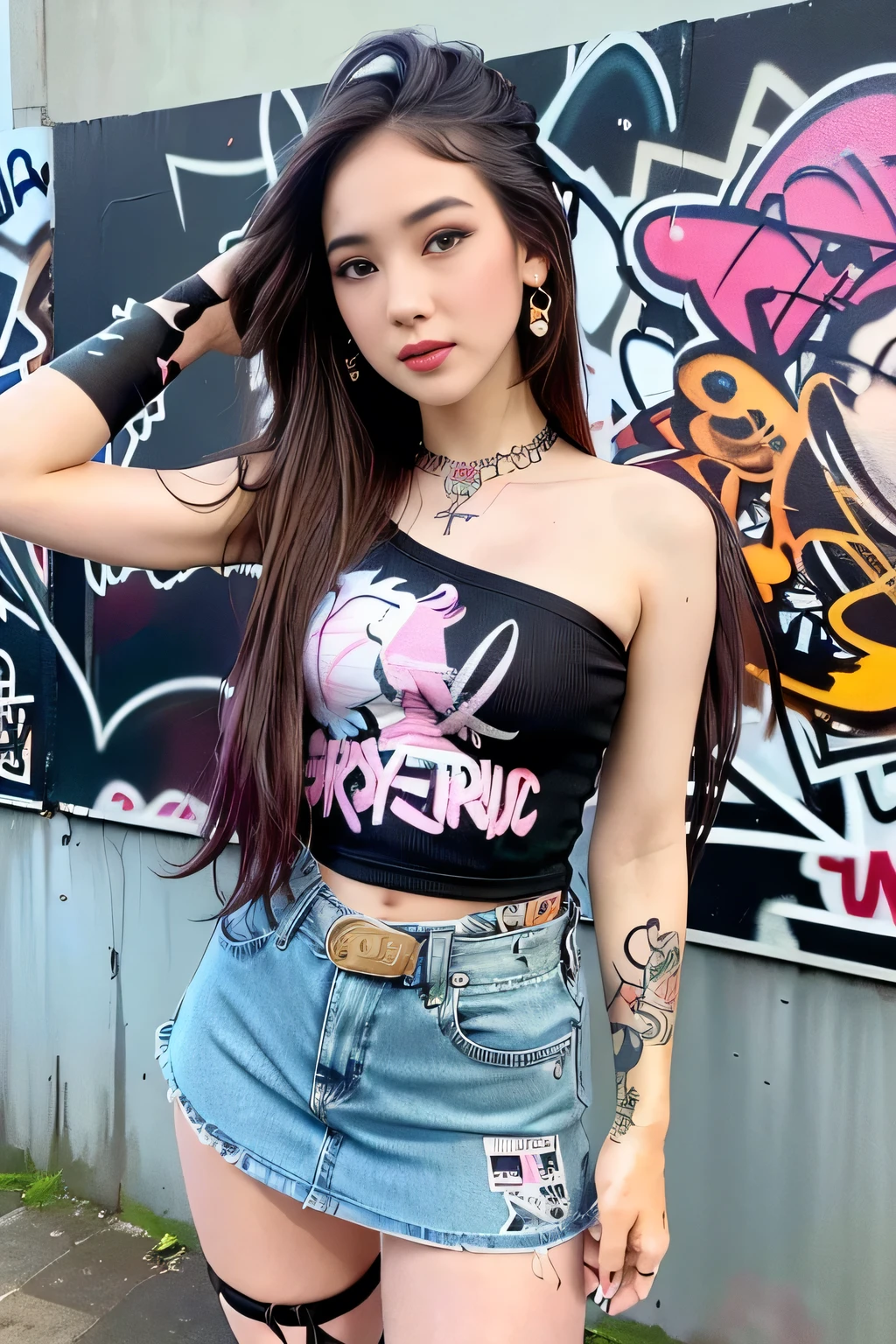 (highest image quality), (masterpiece), (vibrant, photography realistic, Realistic, Dramatic, Dark, Sharp focus, 8K), Full color drawing of korean girl hip-hop, hip-hop, hip-hop, hip-hop, miniskirt jeans, rapping (((graffiti art))), in a sea background, crazy details, intricate details, hyper details , Low Contrast, Cinematic Soft Light, Exposure Blend, HDR, Front (1girl), bare legs, bare shoulder, (colorful hair), music, white skin, sexy, luxury, model pose , (detailed face, lip, nose, rouge, eyeshadow, lipstick, gorgeous face), thigh high skirt, (all body), (all body get tattoo:1.2), pink sneaker, nice body, open legs, ((detailed face))