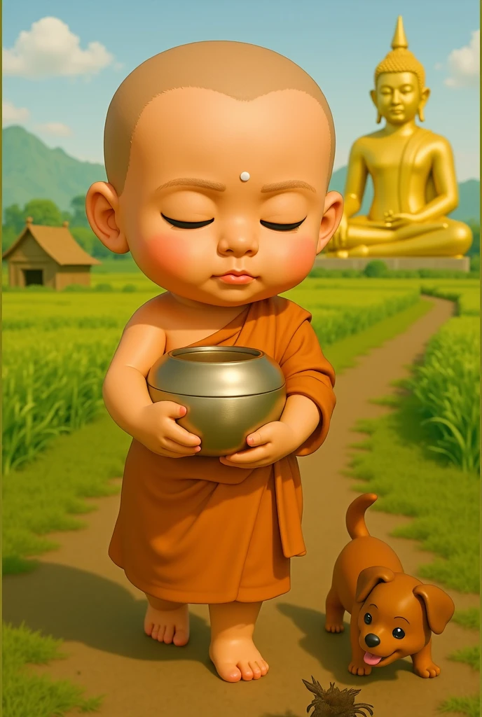 Cute little monk boy on icecream in 3D