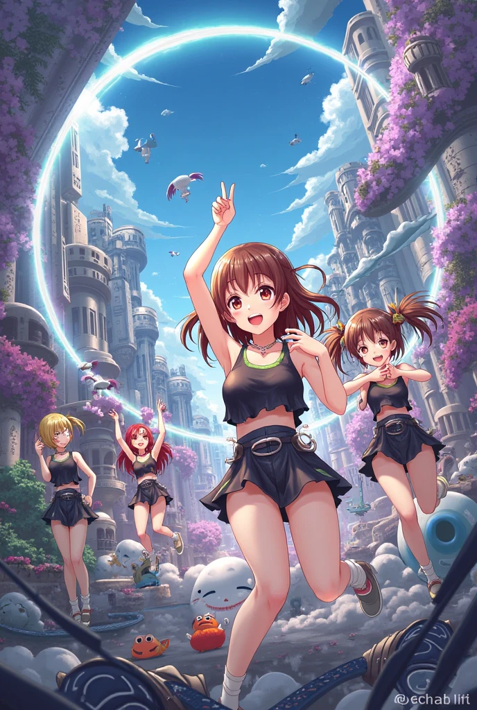 masterpiece, best quality,1girl,solo,kirasaka sayaka,brown hair,long hair,ponytail, hair ribbon, green eyes,,((((multiple views)))), wariza, (bikini).
