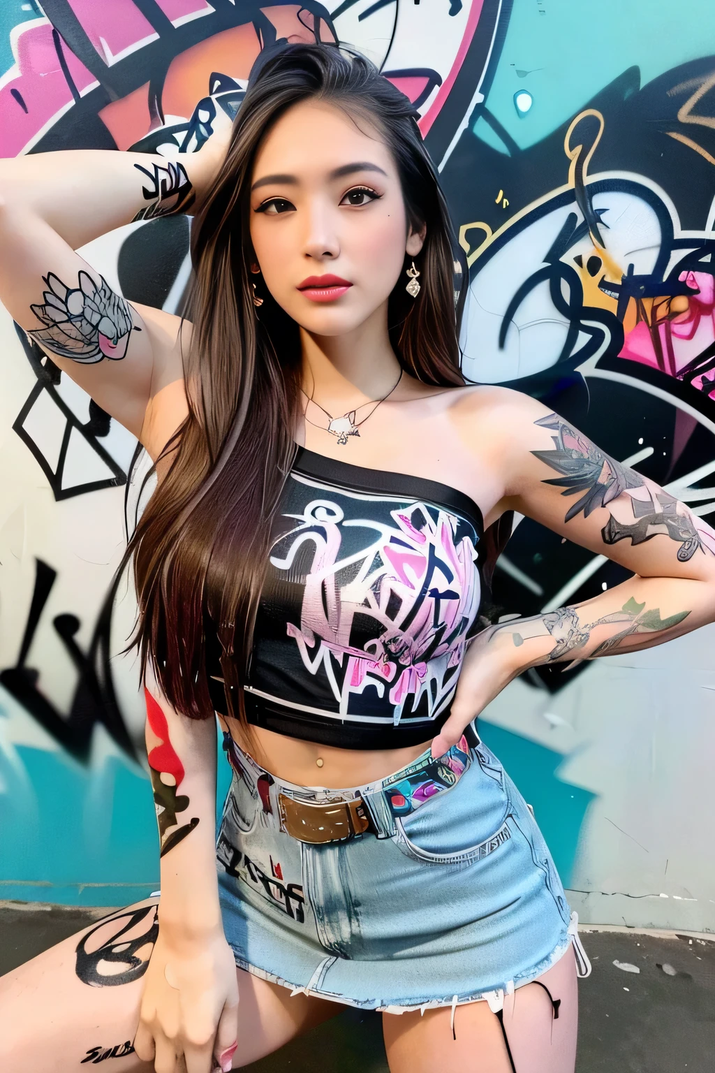 (highest image quality), (masterpiece), (vibrant, photography realistic, Realistic, Dramatic, Dark, Sharp focus, 8K), Full color drawing of korean girl hip-hop, hip-hop, hip-hop, hip-hop, miniskirt jeans, rapping (((graffiti art))), in a sea background, crazy details, intricate details, hyper details , Low Contrast, Cinematic Soft Light, Exposure Blend, HDR, Front (1girl), bare legs, bare shoulder, (colorful hair), music, white skin, sexy, luxury, model pose , (detailed face, lip, nose, rouge, eyeshadow, lipstick, gorgeous face), thigh high skirt, (all body), (all body get tattoo:1.2), pink sneaker, nice body, open legs, ((detailed face))