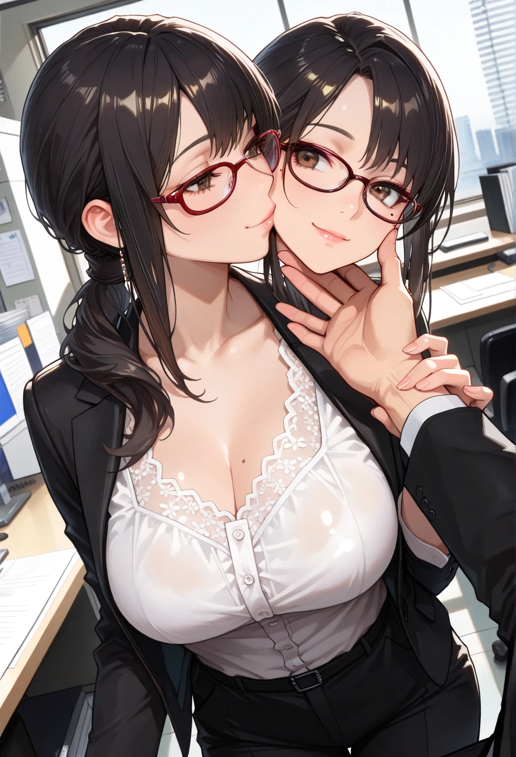 Two Women、young、Black Hair、Short Hair、Large Breasts、Showing cleavage、Wearing a suit、Open clothing、Kissing、Intertwining tongues、Upper Body、Bedroom