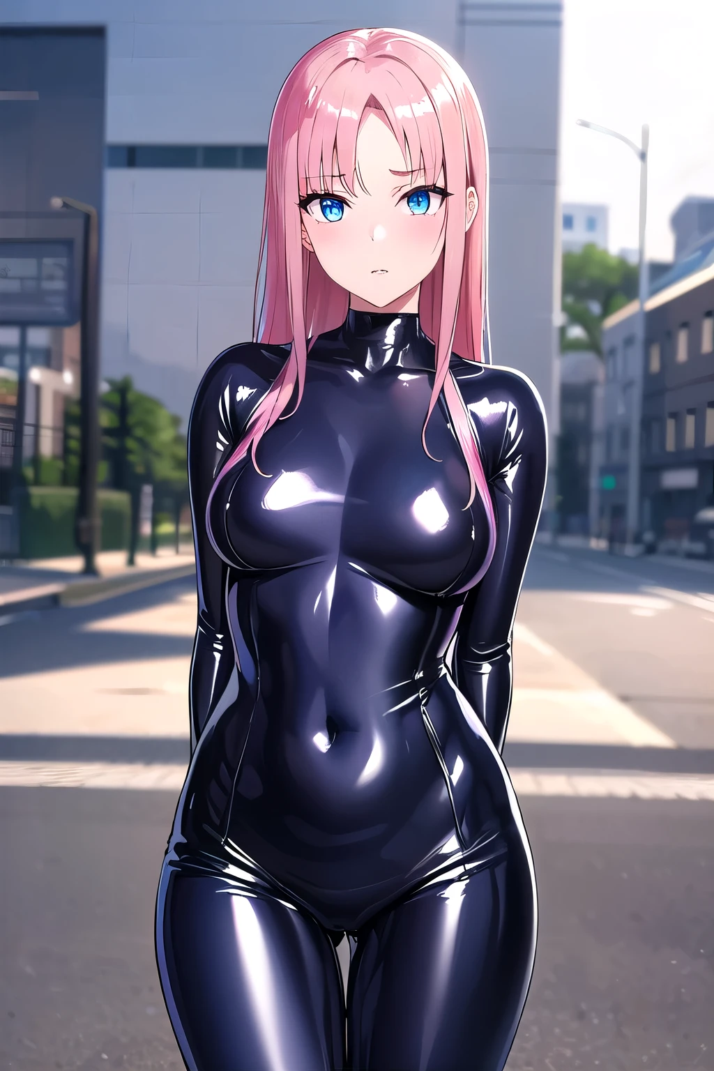 A woman looks like Marin Kitagawa from Sono Bisque Doll wa Koi wo Suru, dominant leather suit, blond hair with pink tips
