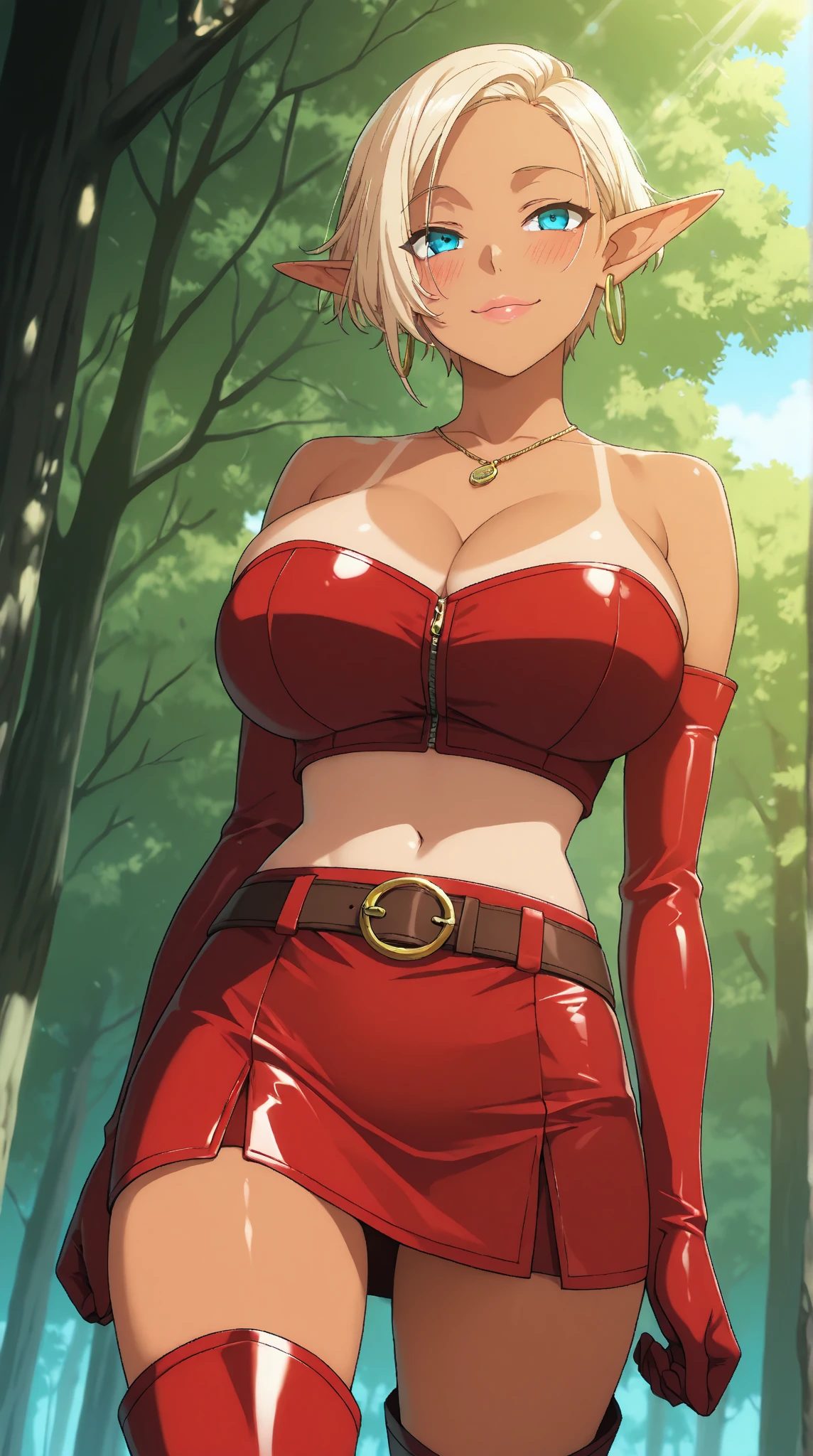 Huge perfect breasts excellent round fully reinforced、Perfectly placed and detailed parts、Do not show skin、Perfect physique、Super Giant Giant Bust Lady、Red combat suit、a miniskirt、Red spats、Black long boots、Yellow round brooch on the chest4pieces、Yellow muffler fluttering in the wind、Green eyes、Short-cut blonde hair、Outwardly curled hair、、red hairband、Smile softly、retro-futuristic、Manga、the wind、scientific fiction、