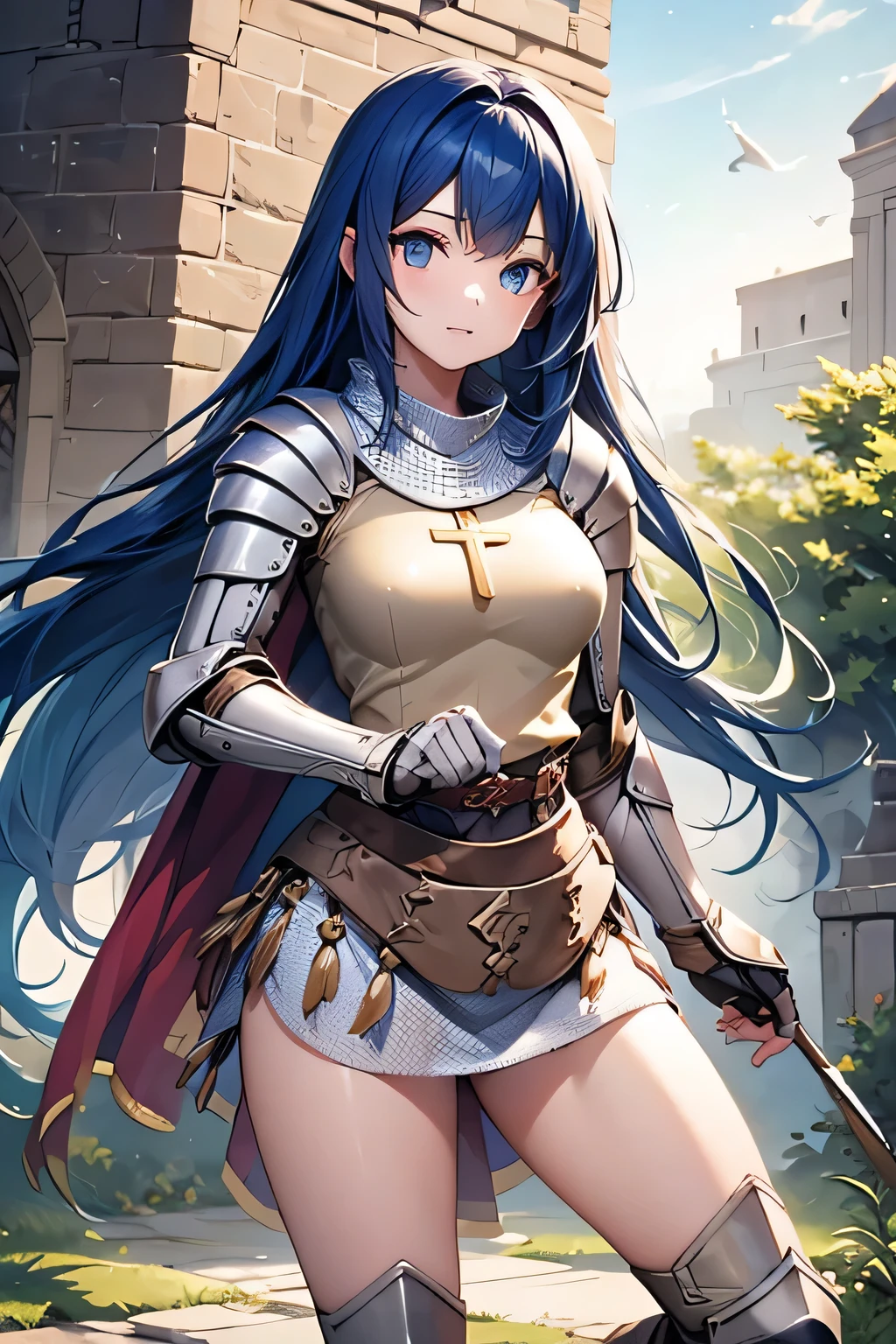 1girl, long hair, blue hair, blue eyes, masterpiece,best quality,amazing quality,(masterpiece),scenery,ragnarokknight, armor, breastplate, cross, pauldrons, cape, gauntlets, chainmail